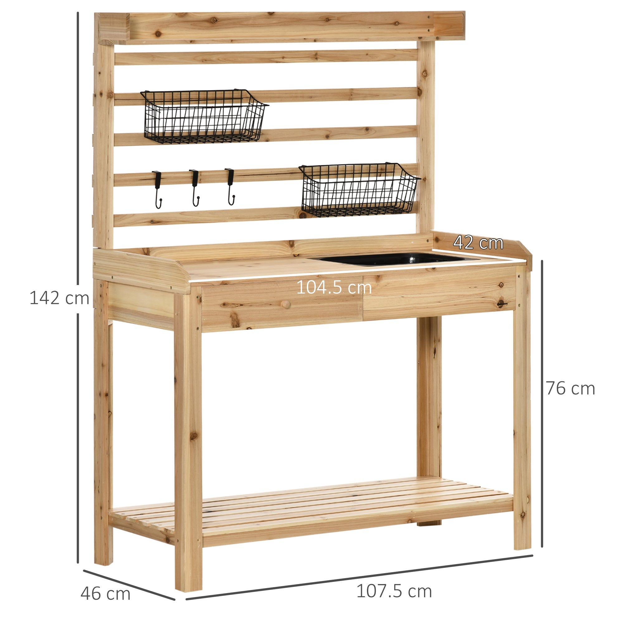 Potting Bench Table, Garden Work Bench, Workstation with Metal Sieve Screen, Removable Sink, Additional Hooks and Baskets for Patio, Balcony