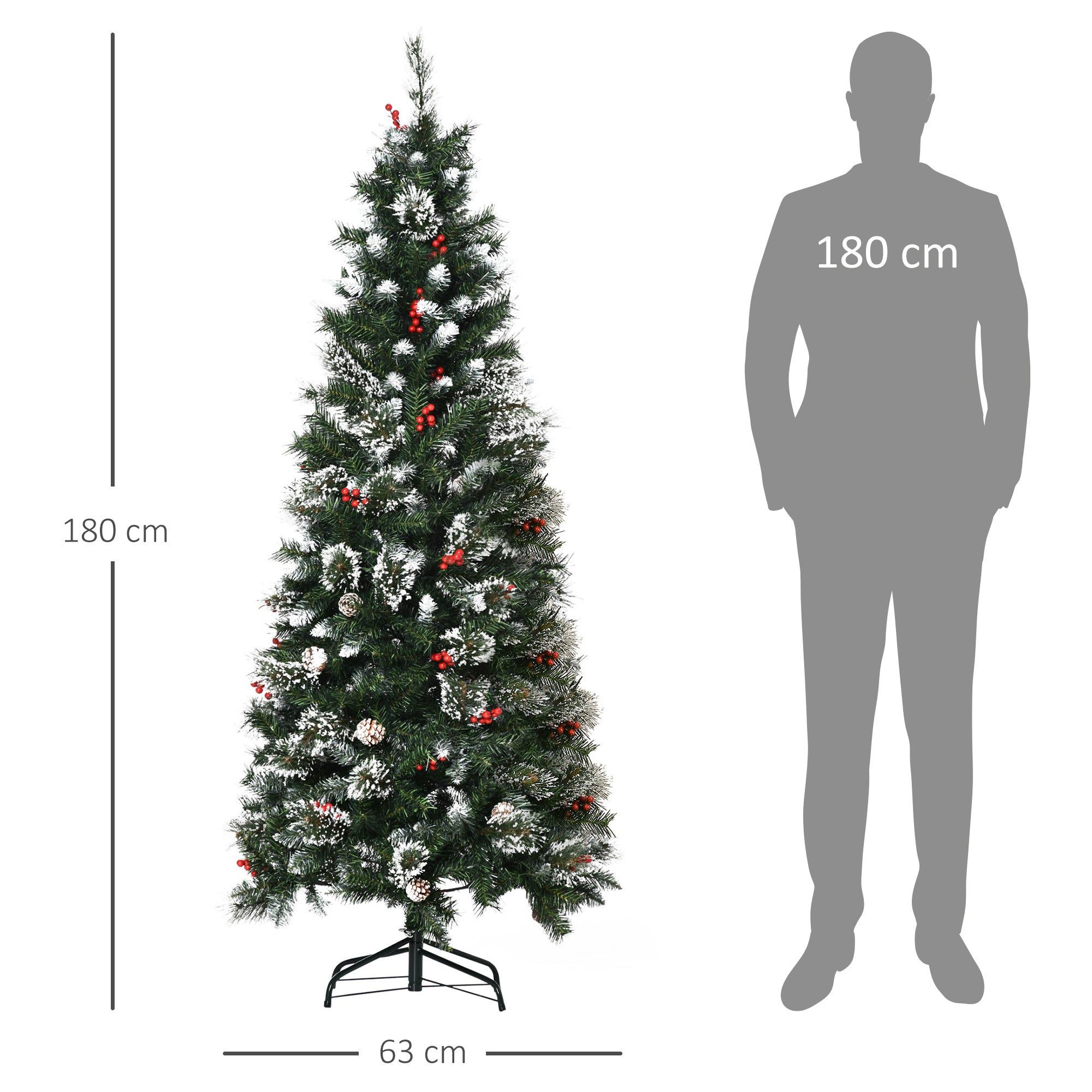 6 Foot Snow Dipped Artificial Christmas Tree Slim Pencil Xmas Tree with 588 Realistic Branches, Pine Cones, Red Berries, Auto Open, Green