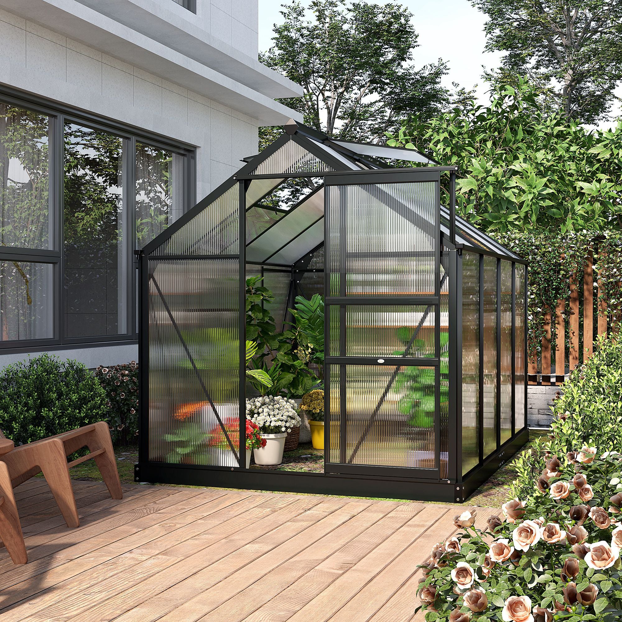 Clear Polycarbonate Greenhouse Large Walk-In Green House Garden Plants Grow Galvanized Base Aluminium Frame with Slide Door, 6 x 8ft