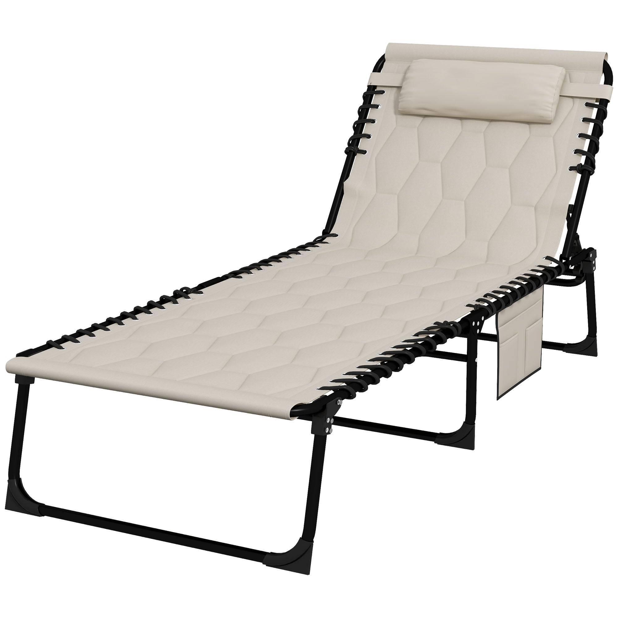 Foldable Sun Lounger with 5-level Reclining Back, Outdoor Tanning Chairs Sun Loungers with Build-in Padded Seat, Side Pocket, Headrest for Beach, Yard, Patio, Khaki