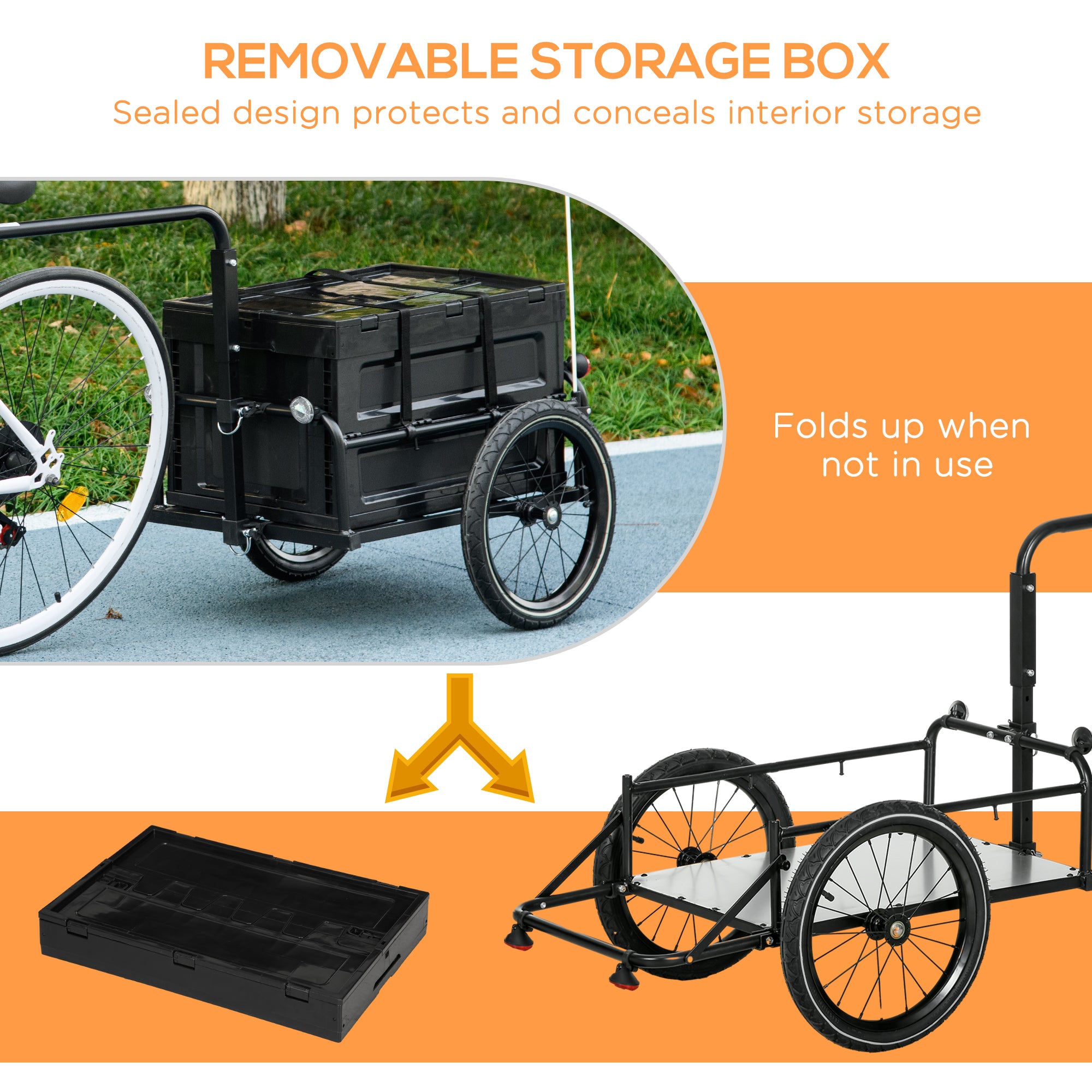 Steel Trailer for Bike, Bicycle Cargo Trailer with 65L Foldable Storage Box and Safe Reflectors, Max Load 40KG, Black