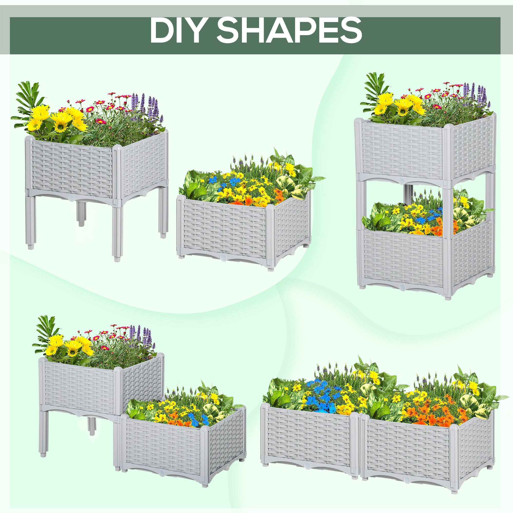 40cm x 40cm x 44cm Set of 2 Garden Raised Bed Elevated Patio Flower Plant Planter Box PP Vegetables Planting Container, Grey