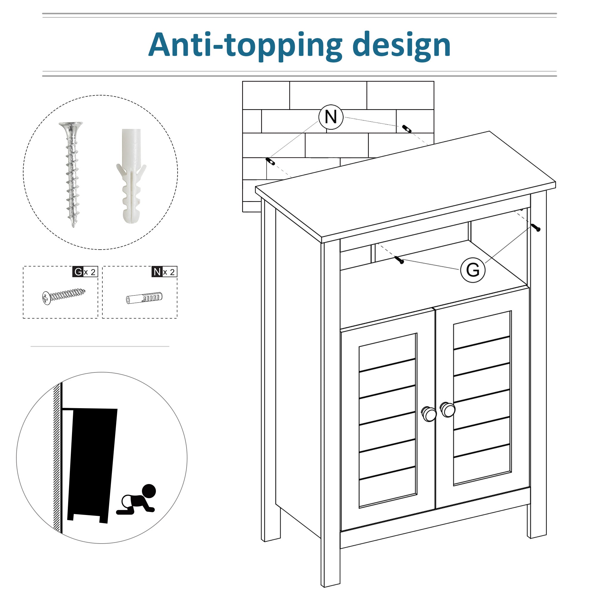 Bathroom Floor Storage Cabinet Free Standing Unit with Compartment Adjustable Shelf Double-door Design, Free Standing Organizer, Grey