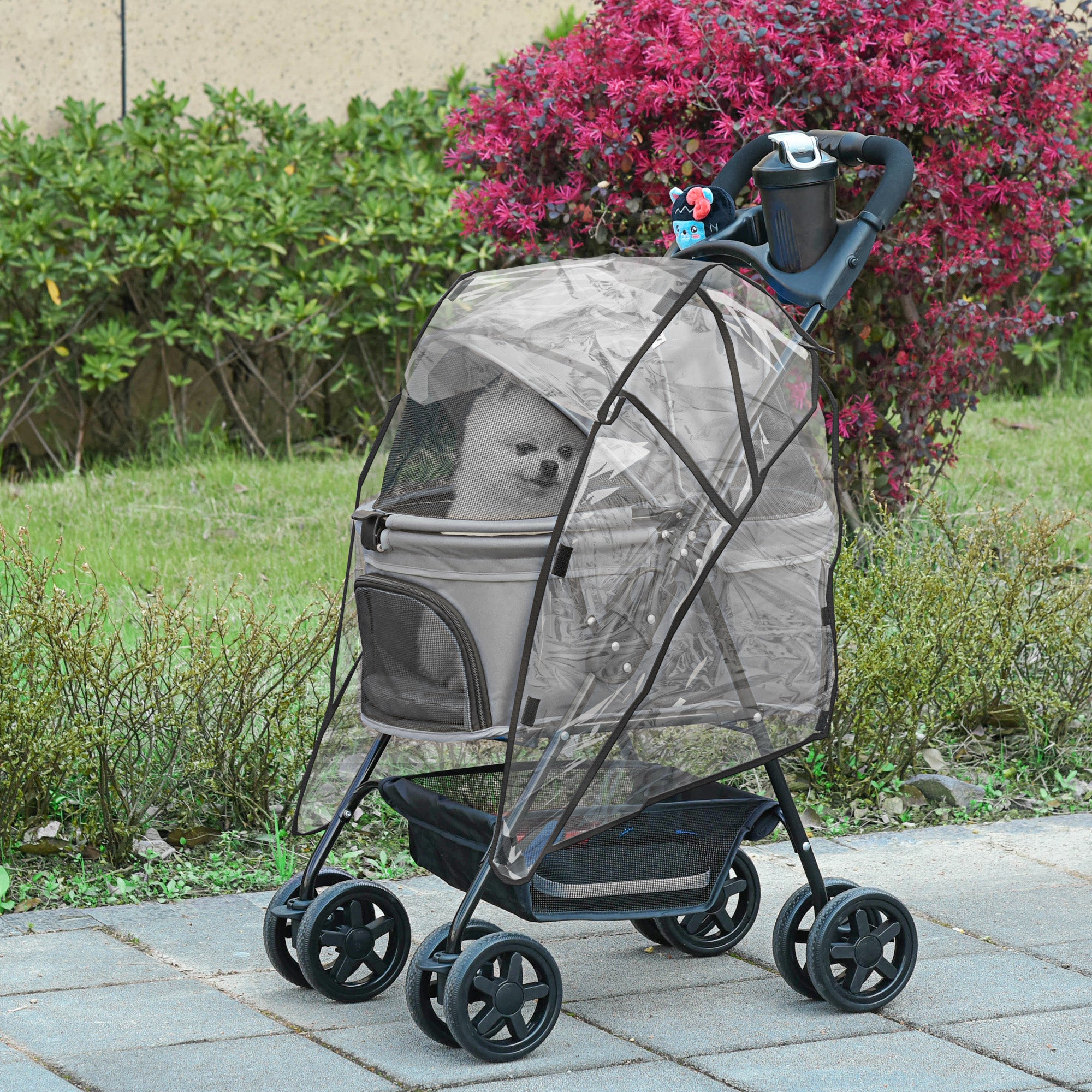 Dog Stroller w/ Rain Cover, Dog Pushchair One-Click Fold Trolley Jogger w/ Wheels, Basket, Adjustable Canopy, Safety Leash for Small Dogs, Grey