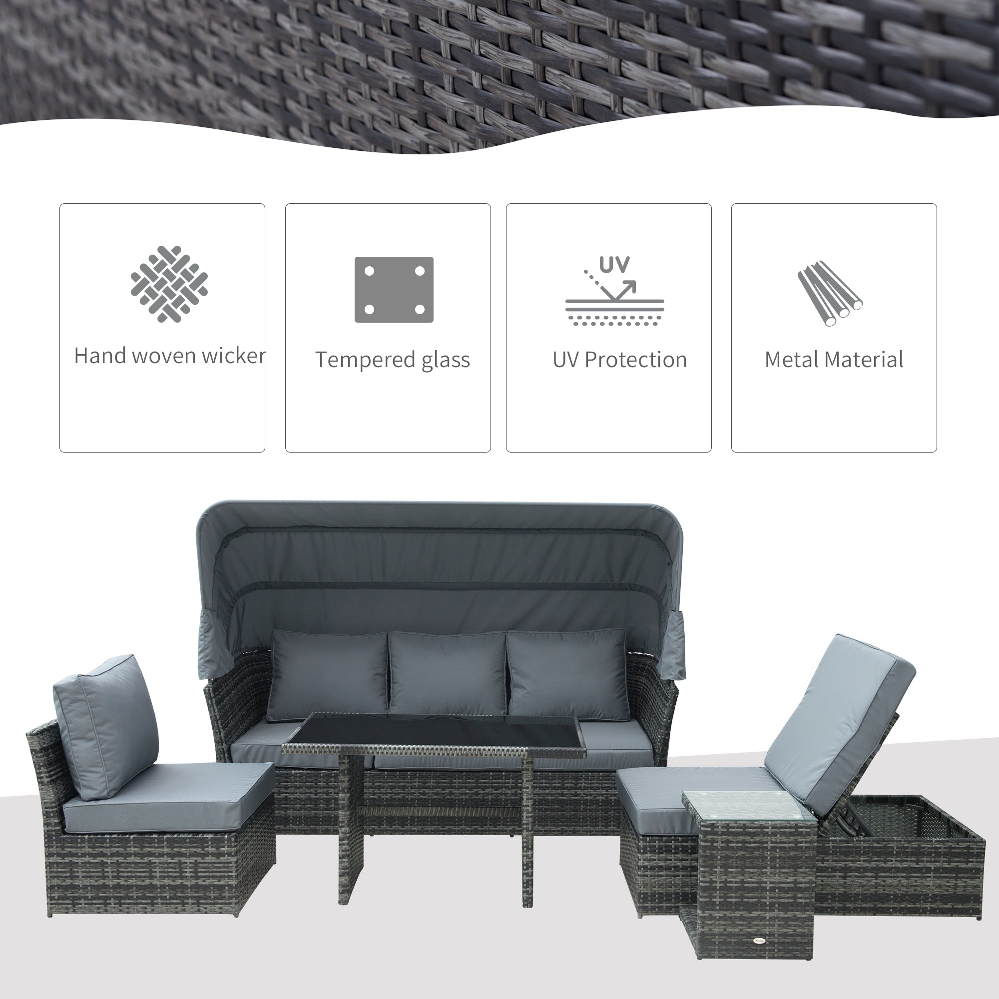 5-Seater Outdoor Rattan Garden Sofa Sets Reclining Sofa Adjustable Canopy & Side Dining Table Set, Mixed Grey