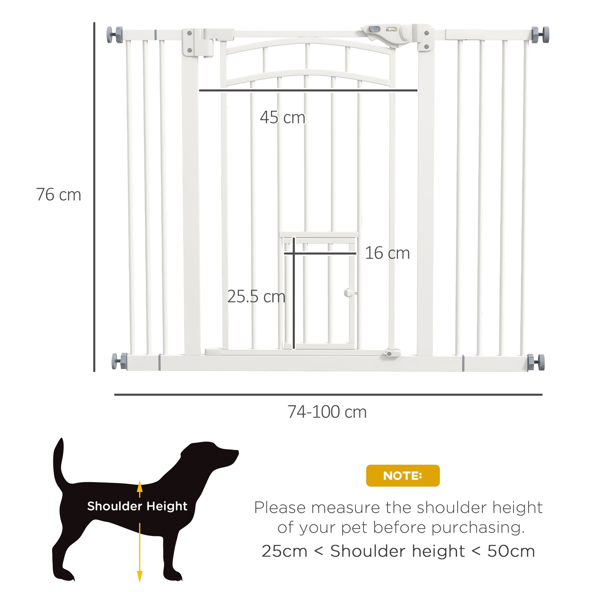 Pressure Fit Stair Dog Gate w/ Small Cat Door, Automatic Closing Door, Double Locking, for 74-100cm Openings - White