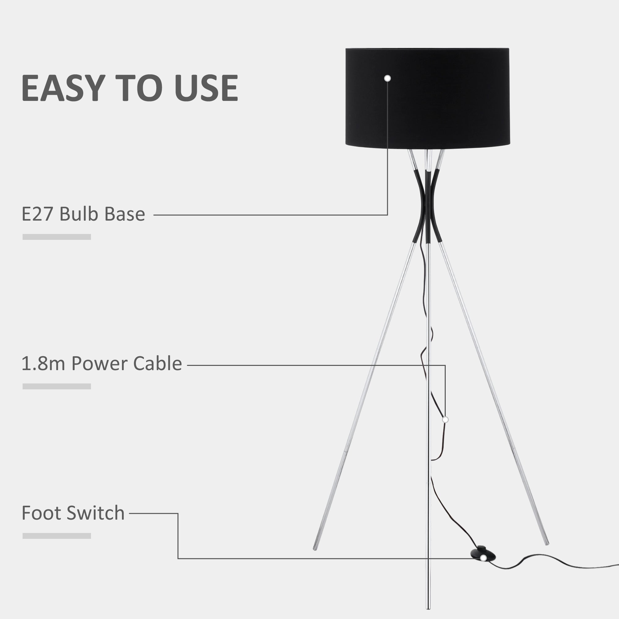 Modern Tripod Floor Lamp, Free Standing Light with Metal Frame, Fabric Lampshade and E27 Base for Living Room, Bedroom, Office, Black