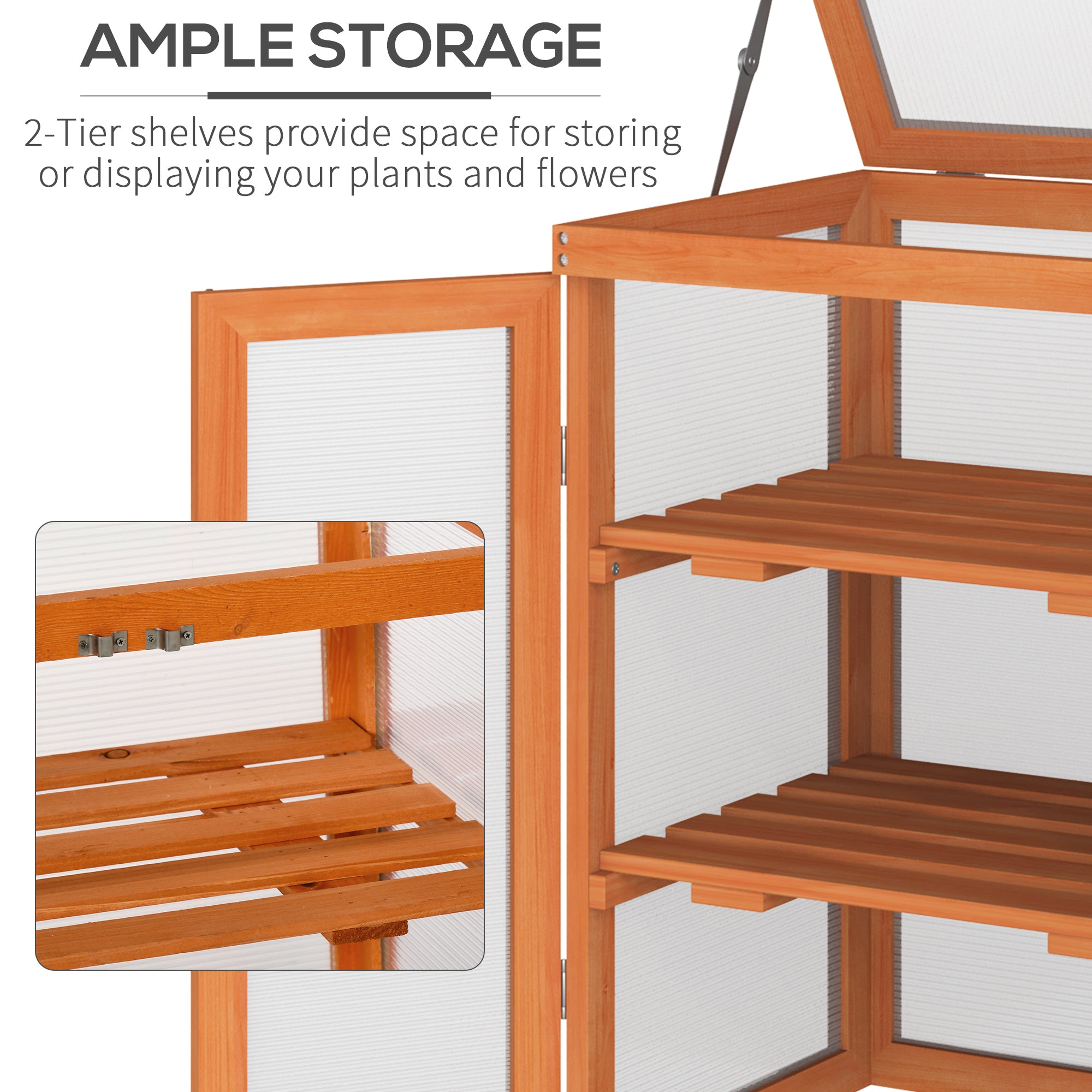 3-tier Wood Greenhouse Garden Polycarbonate Cold Frame Grow House w/ Storage Shelf for Plants, Flowers, Orange