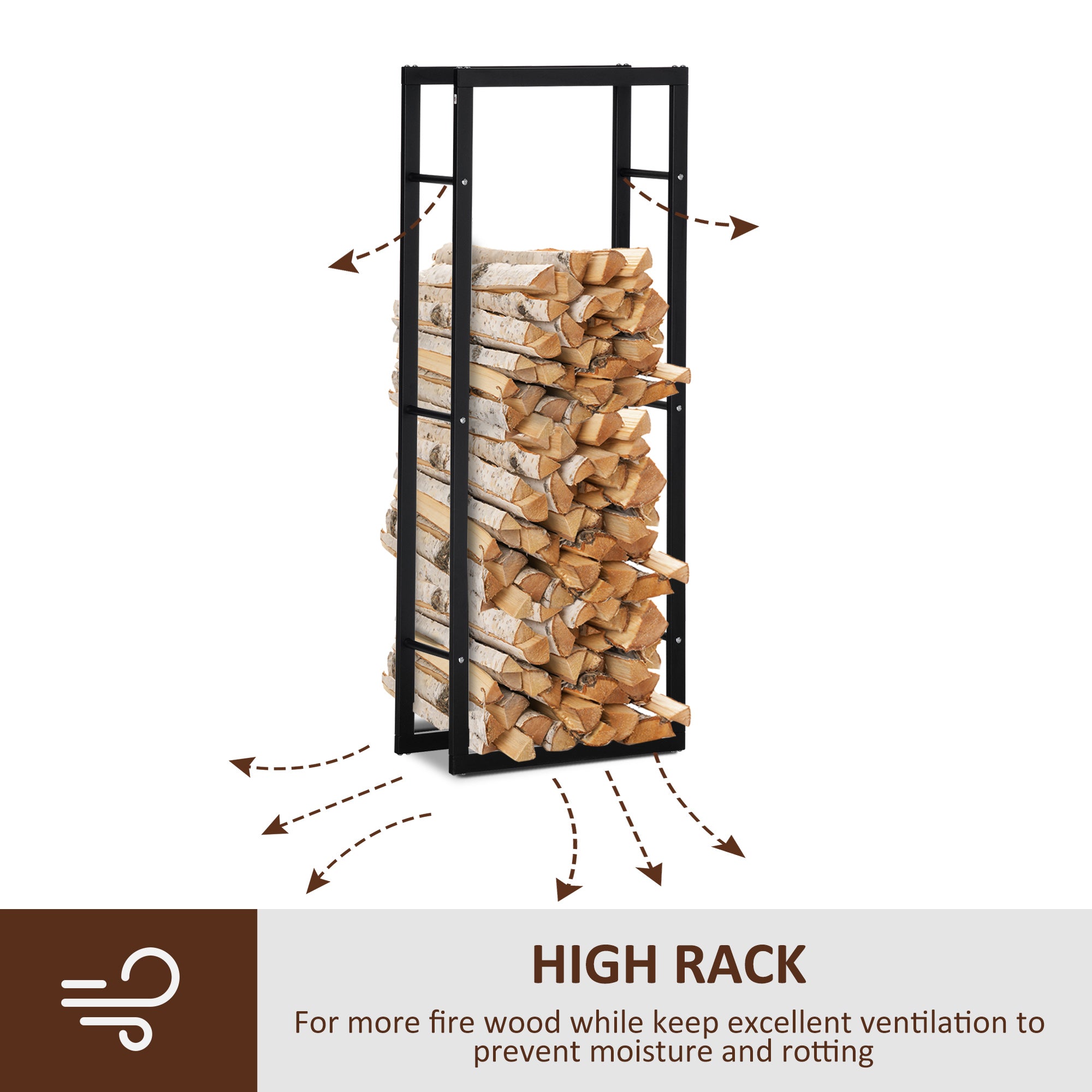 Metal Firewood Log Holder Tall Firewood Rack Indoor Outdoor Fireplace Wood Storage Shelf, Black, 60Wx25Dx150Hcm