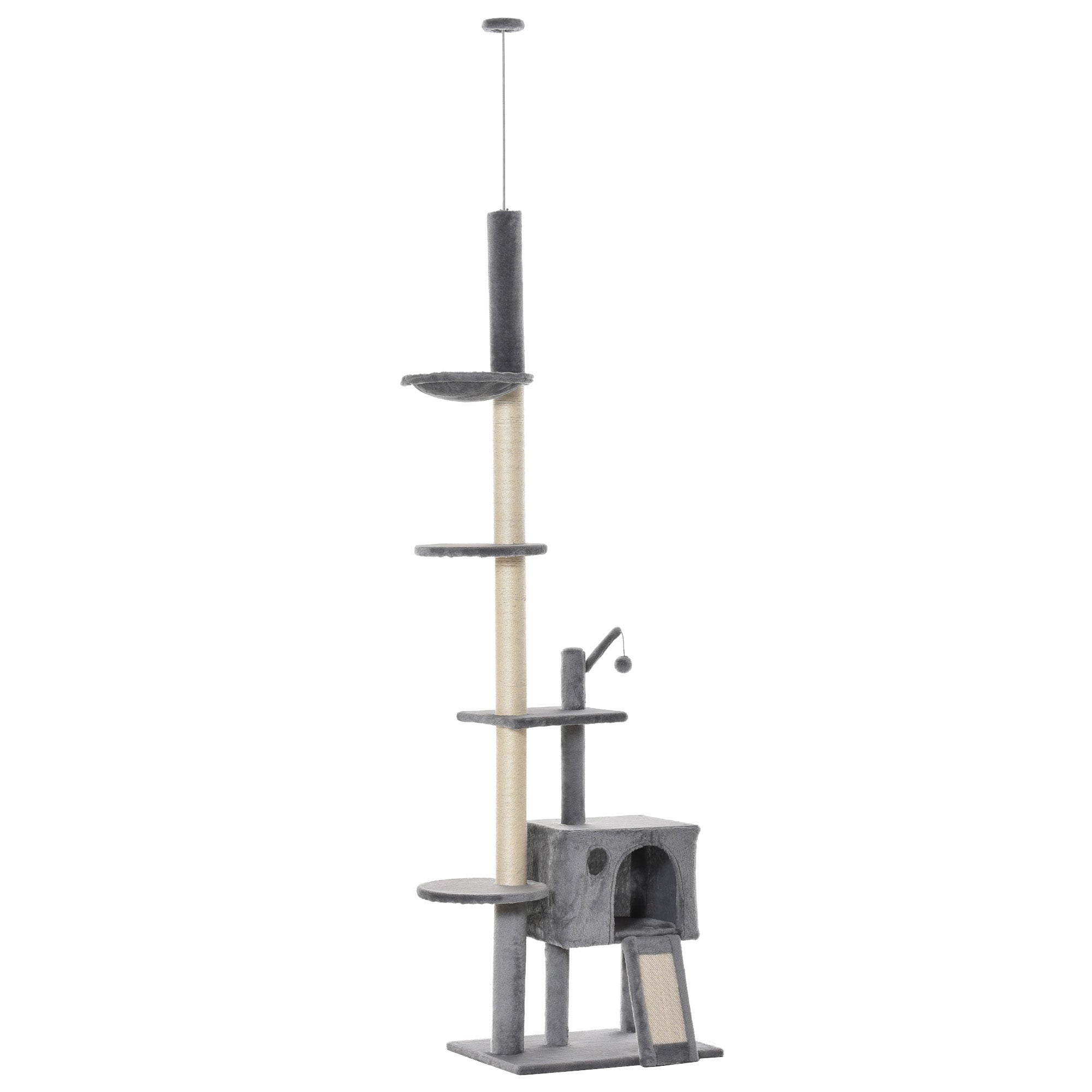 280cm Huge Cat Tower Activity Center Floor-to-Ceiling Cat Climbing Toy with Scratching Post Board Hammock Hanging Ball Rest Light Grey