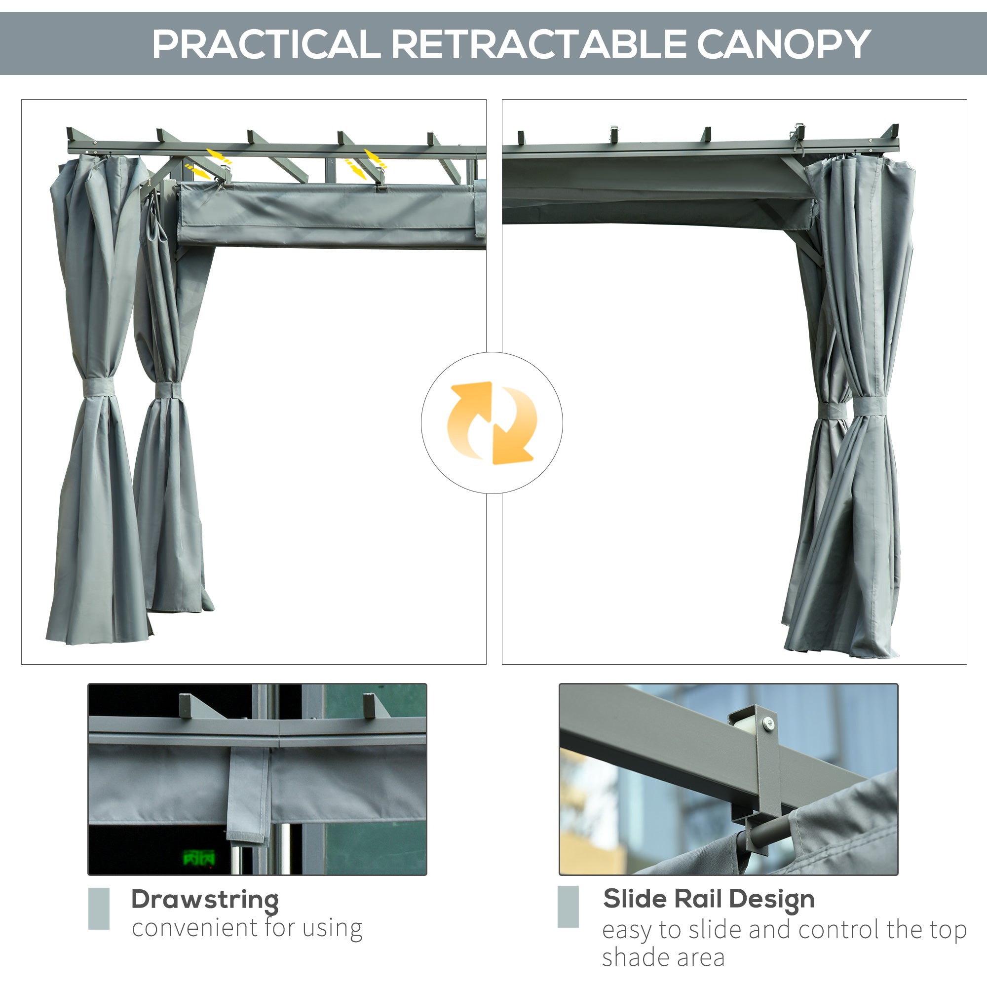 3.6 x 3(m) Outdoor Pergola Gazebo Retractable Canopy Garden Shelter Sun Shade Party with Curtains, Aluminum, Dark Grey