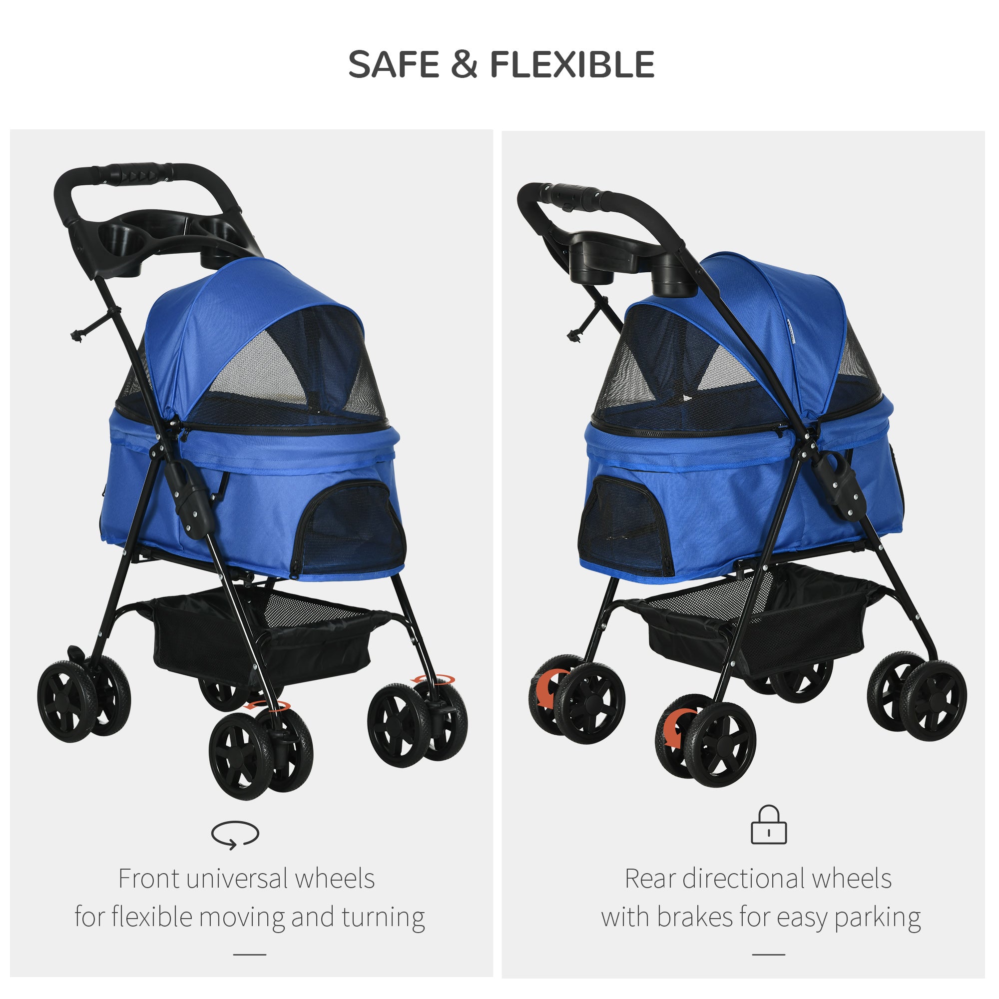 Pet Stroller Dog Cat Travel Pushchair One-Click Fold Trolley Jogger with EVA Wheels Brake Basket Adjustable Canopy Safety Leash Blue