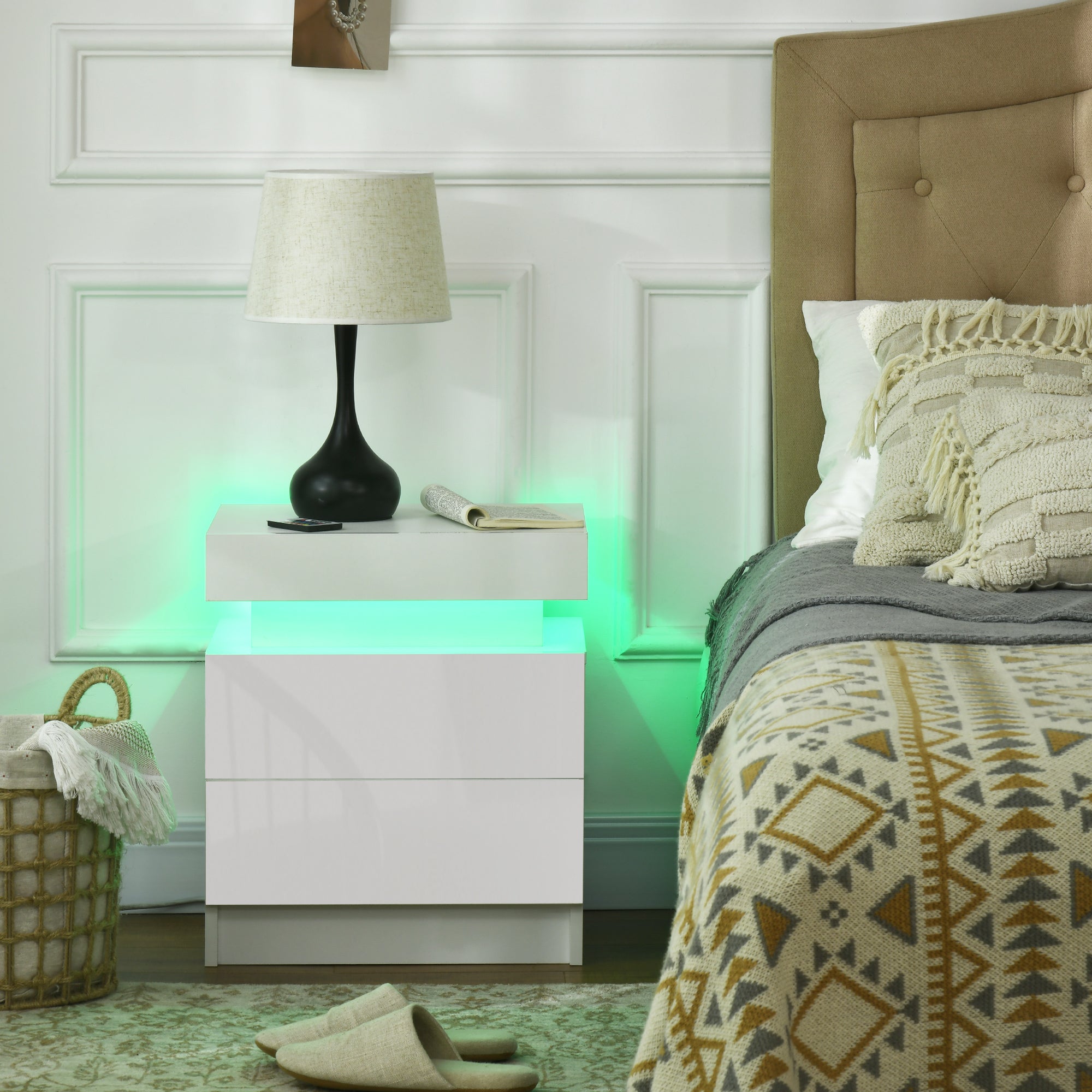 White Bedside Cabinets with LED Light, High Gloss Front Nightstand with 2 Drawers, for Living Room, Bedroom