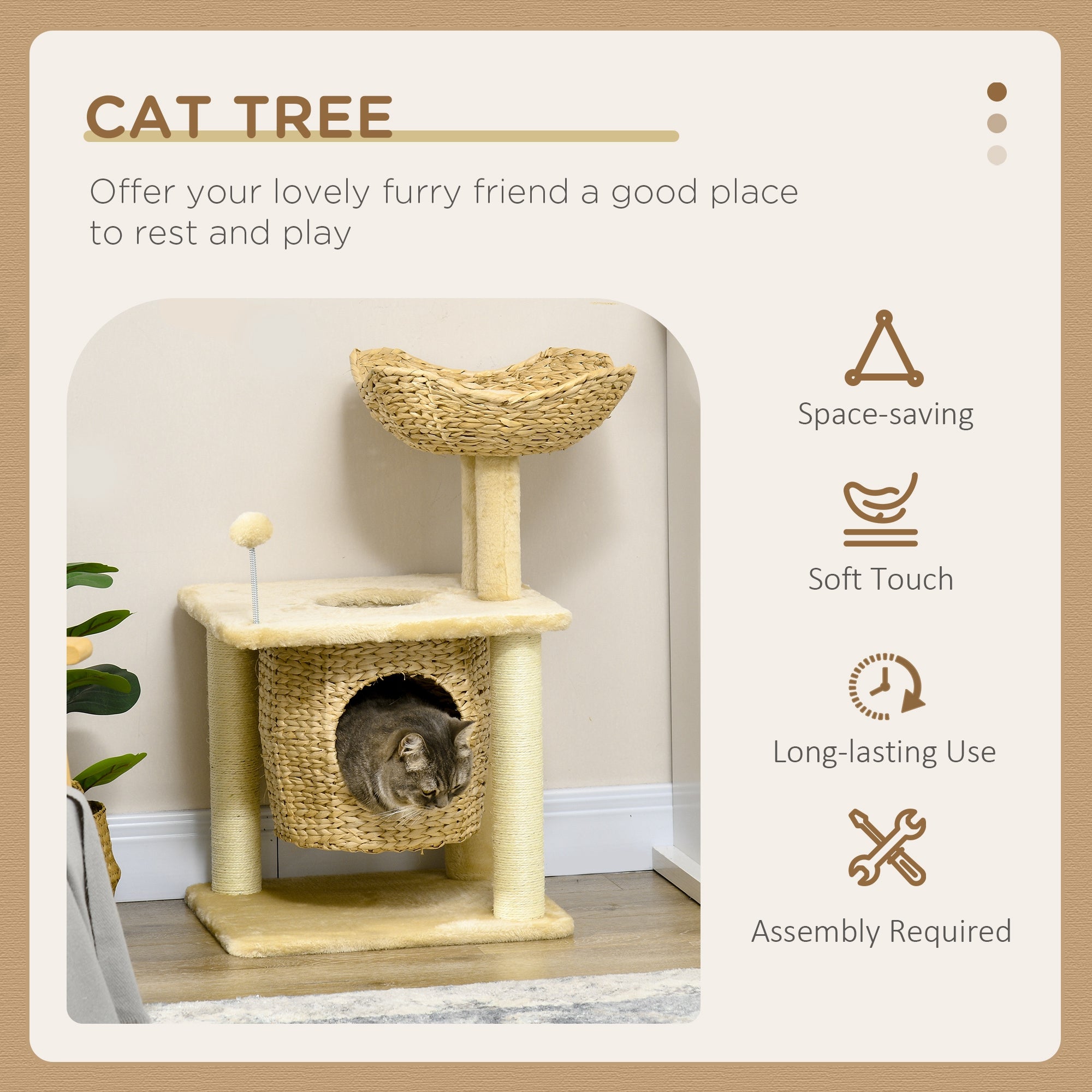 Cat Tree for Indoor Cats with Scratching Posts, Cat House, Bed, Toy Ball, Beige