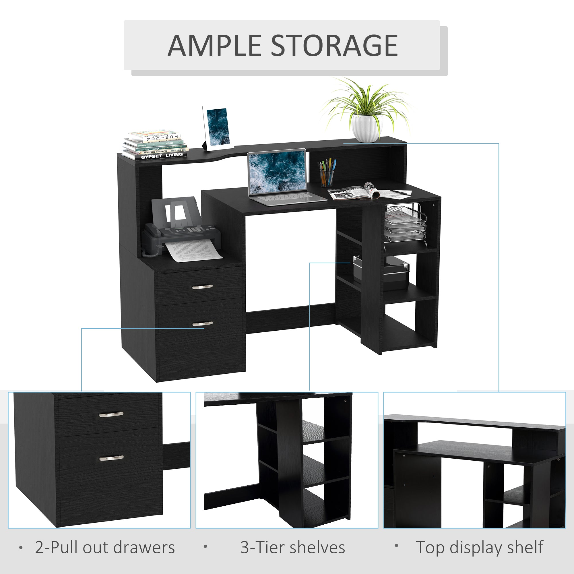 Computer Desk PC Table Modern Home Office Writing Workstation Furniture Printer Shelf Rack w/ Storage Drawer & Shelves (BLACK)