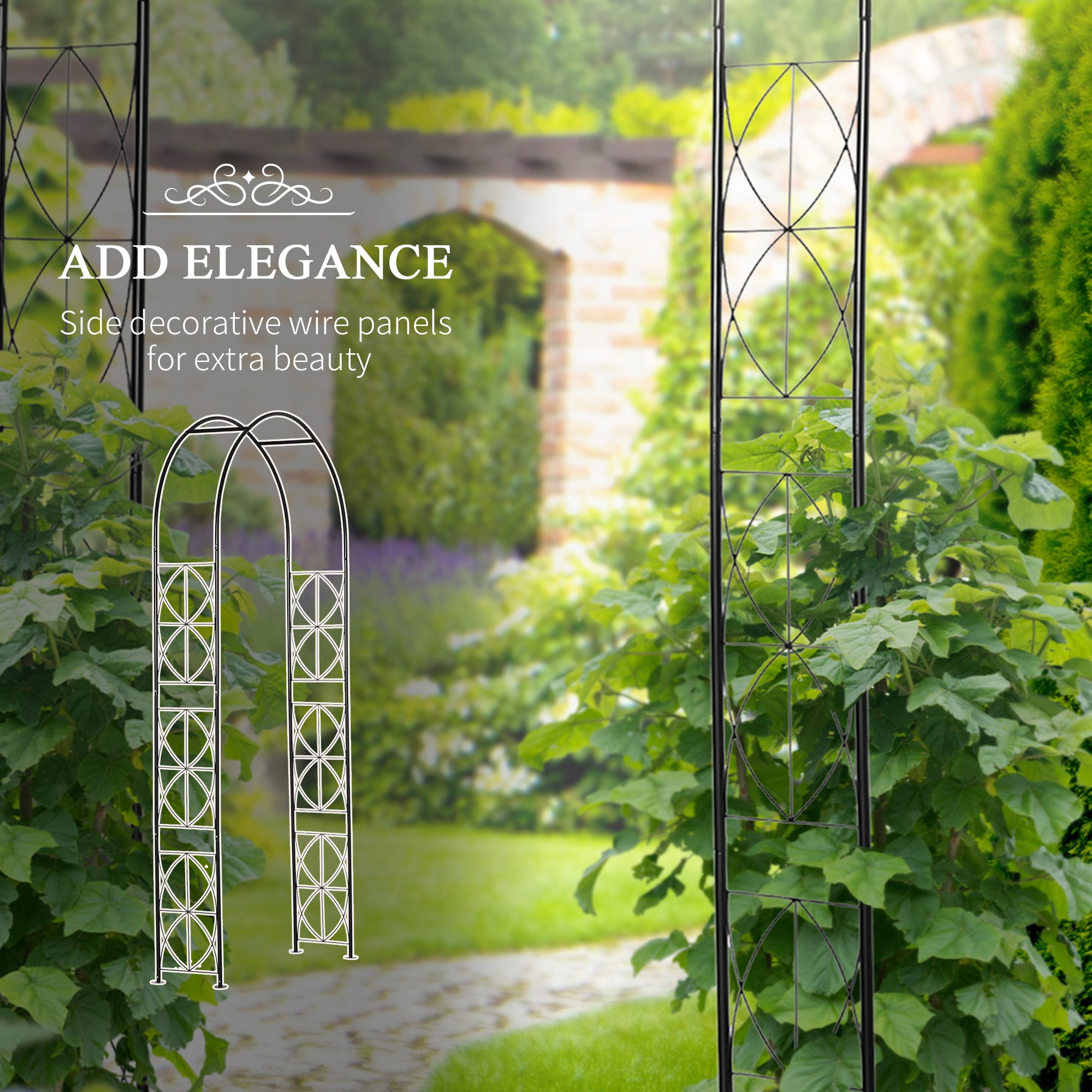 Vintage Style Steel Garden Arbor and Trellis Arch 2.3m High - Black