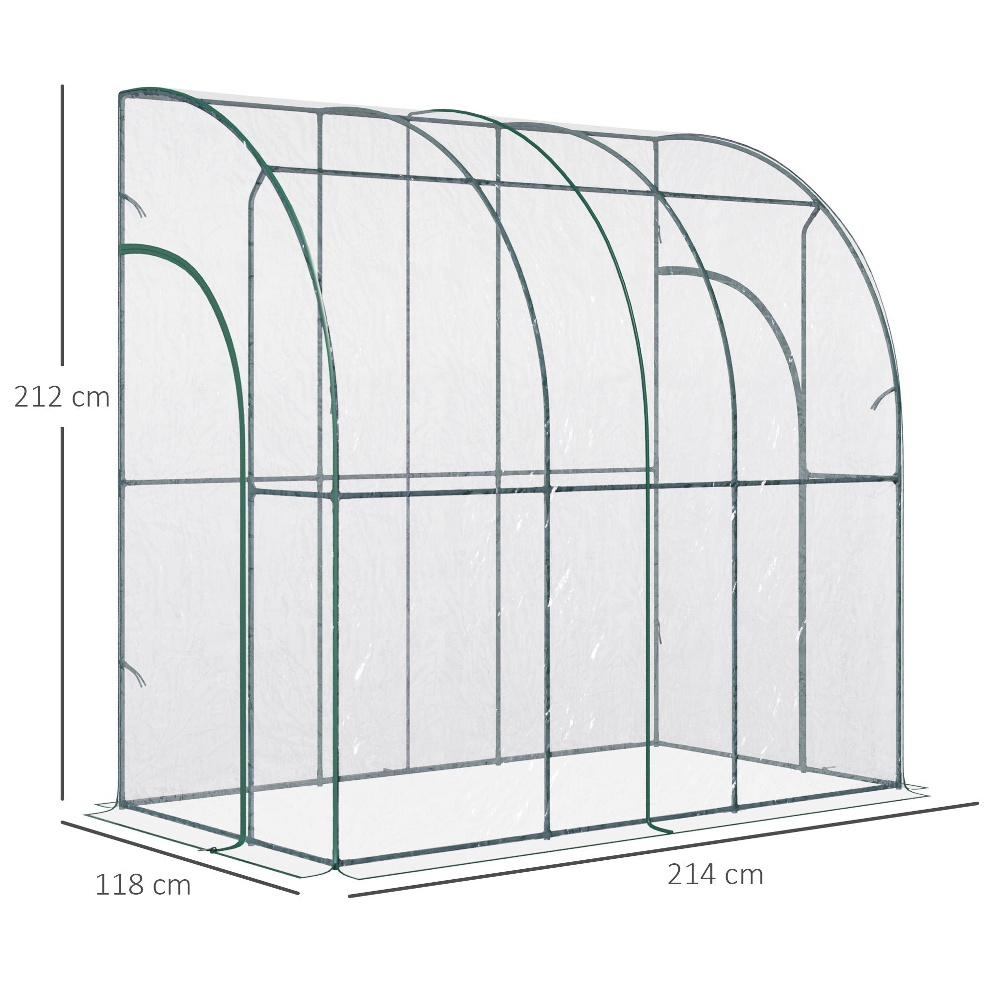 Outdoor Walk-In Lean to Wall Tunnel Greenhouse with Zippered Roll Up Door PVC Cover Sloping Top, Clear, Green 214cm x 118cm x 212cm