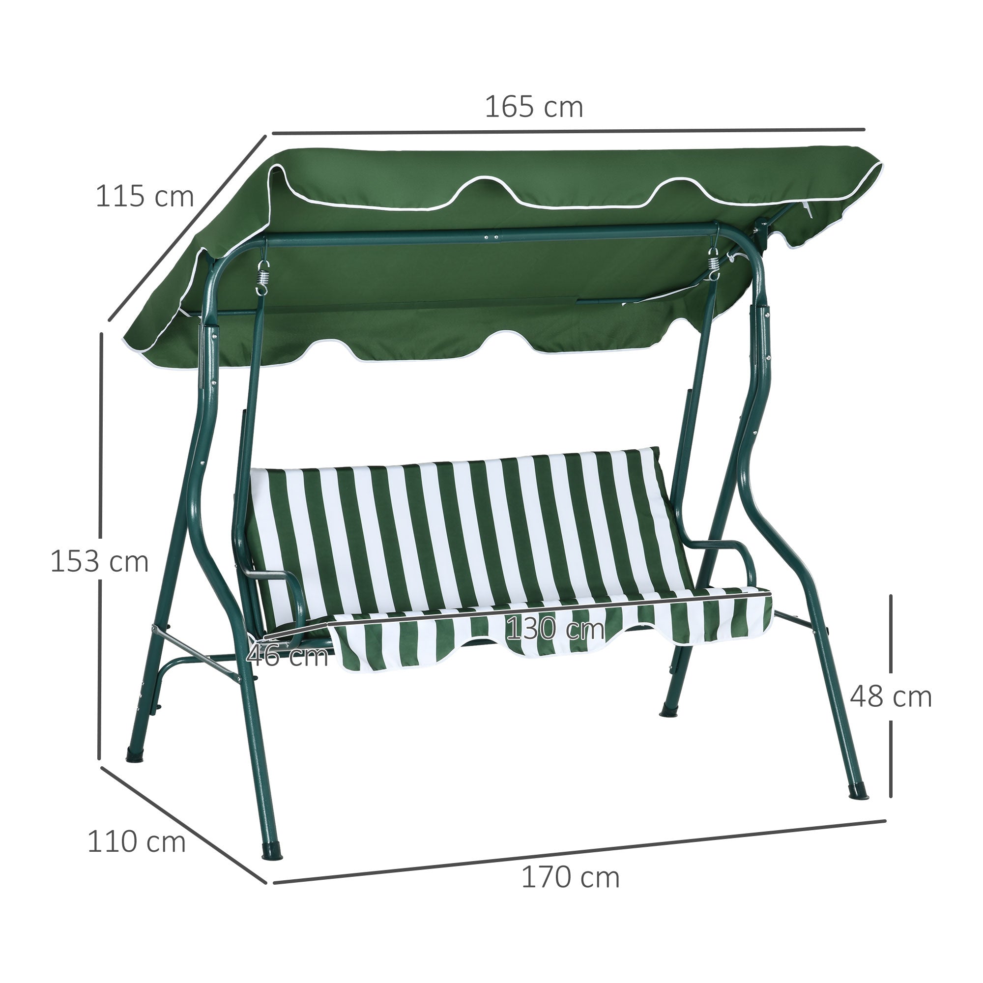 3 Seater Garden Swing Seat Chair with Adjustable Canopy and Metal Frame - Green Stripes