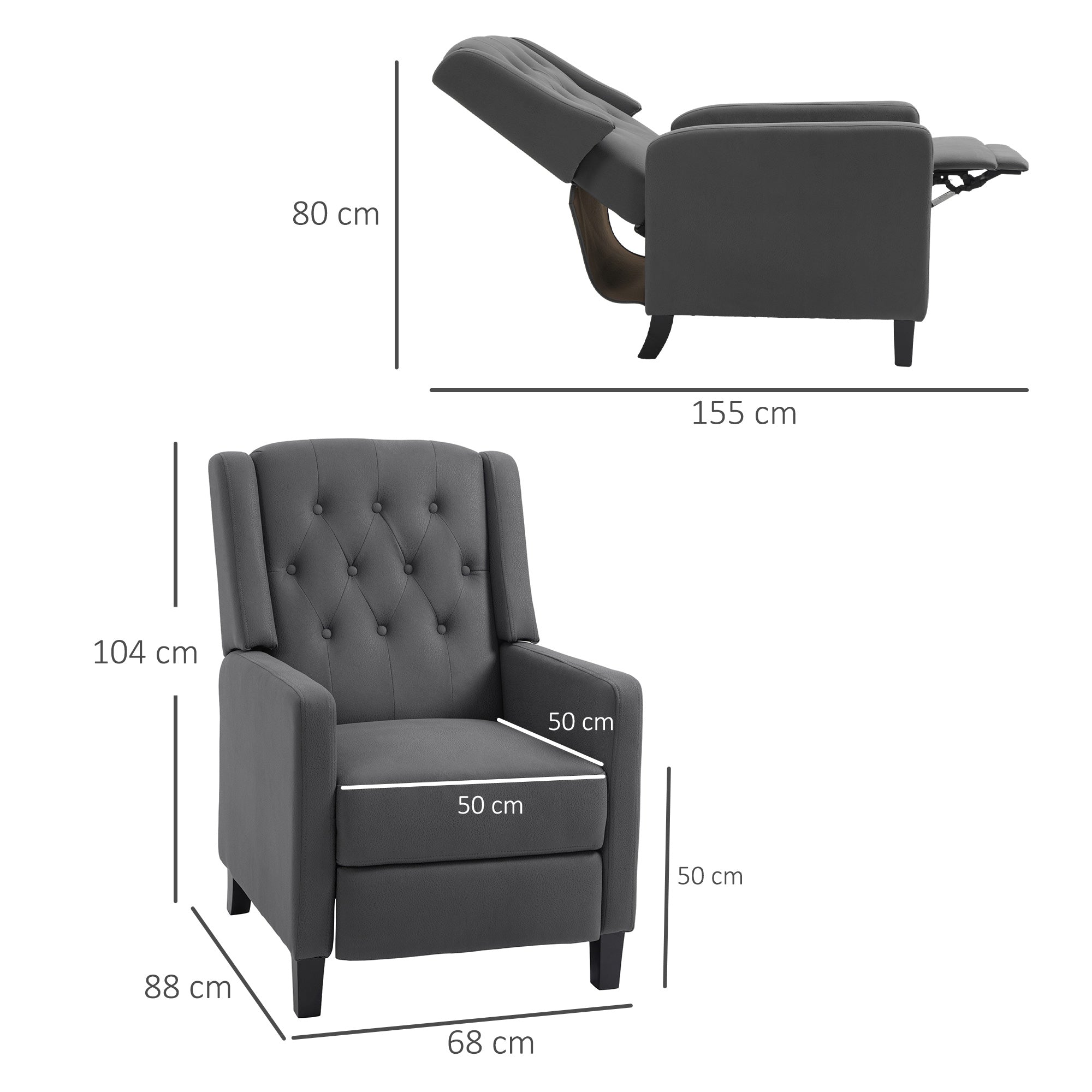 Wingback Recliner Chair for Home Theater, Button Tufted Microfibre Cloth Reclining Armchair with Leg Rest, Deep Grey