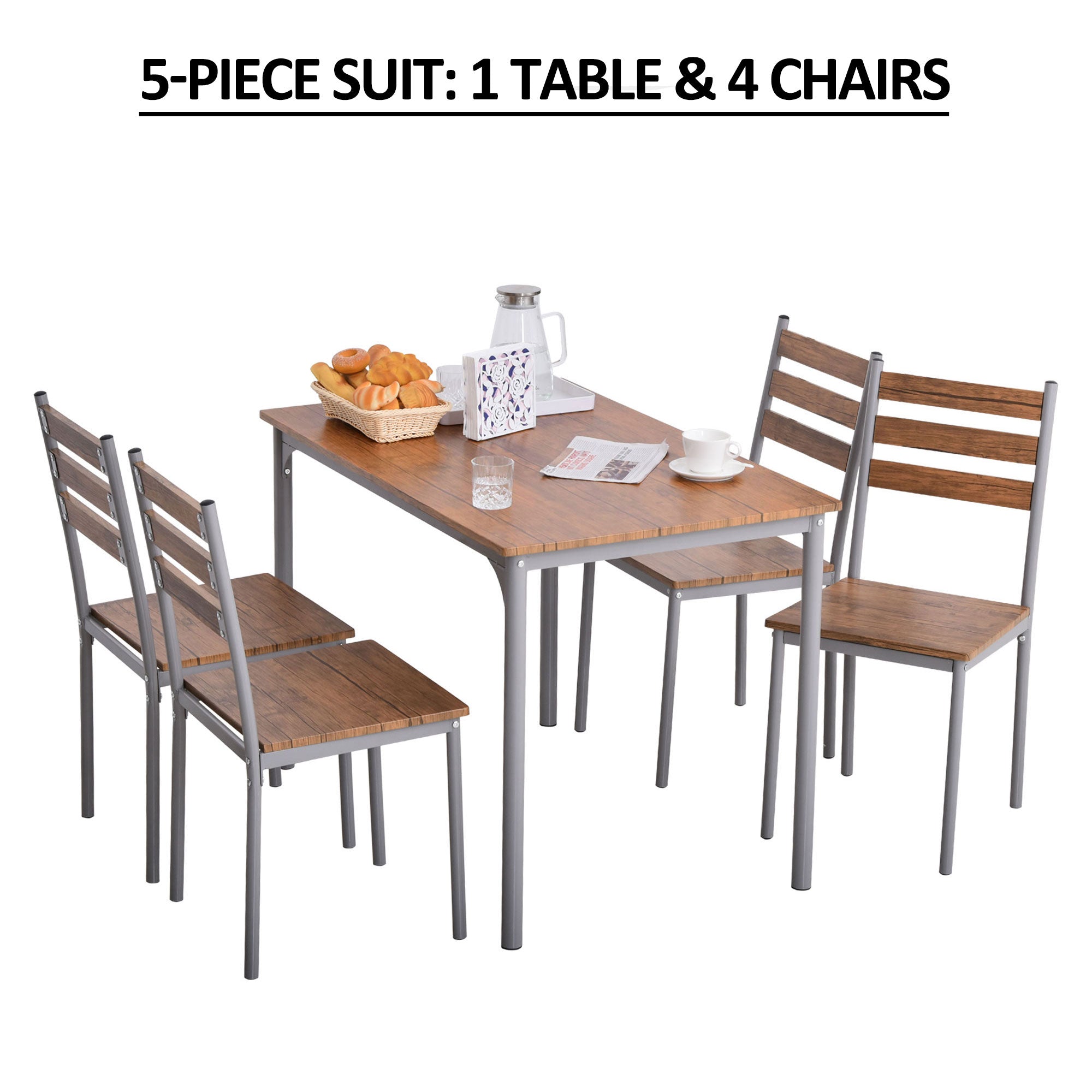 Modern 5-Piece Dining Table Set, Dining Table With 4 Chairs For Compact Dining Room& Kitchen, Brown