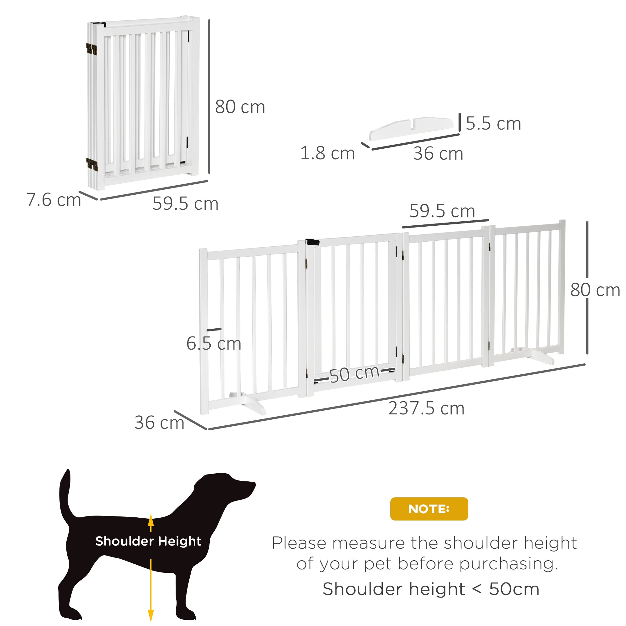 Pet Gate for Small and Medium Dogs, Freestanding Wooden Foldable Dog Safety Barrier with 4 Panels, 2 Support Feet for Doorways,Stairs,White