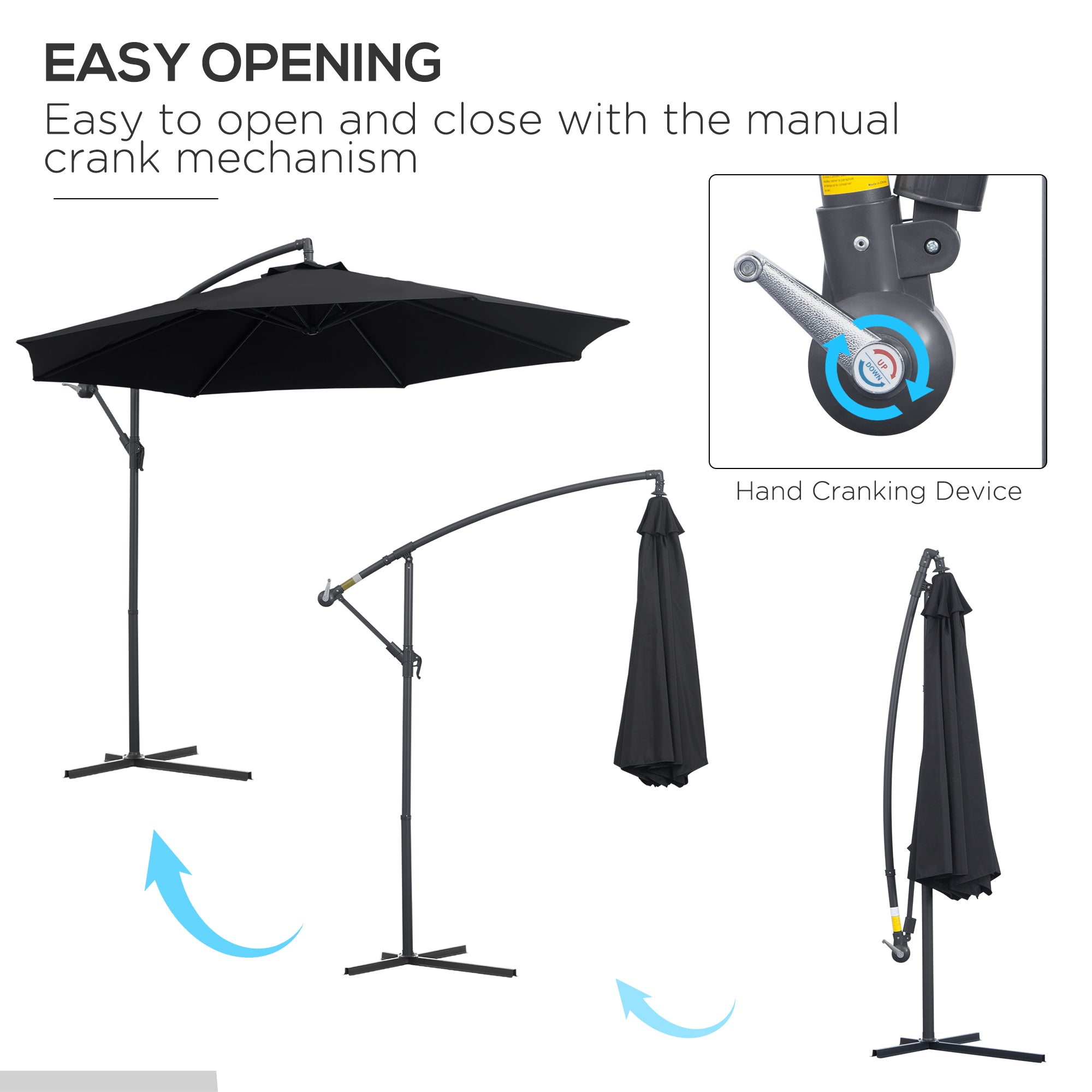 3(m) Garden Cantilever Parasol Patio Banana Hanging Umbrella Sun Shade with Crank & Tilt, 8 Ribs and Cross Base, Black