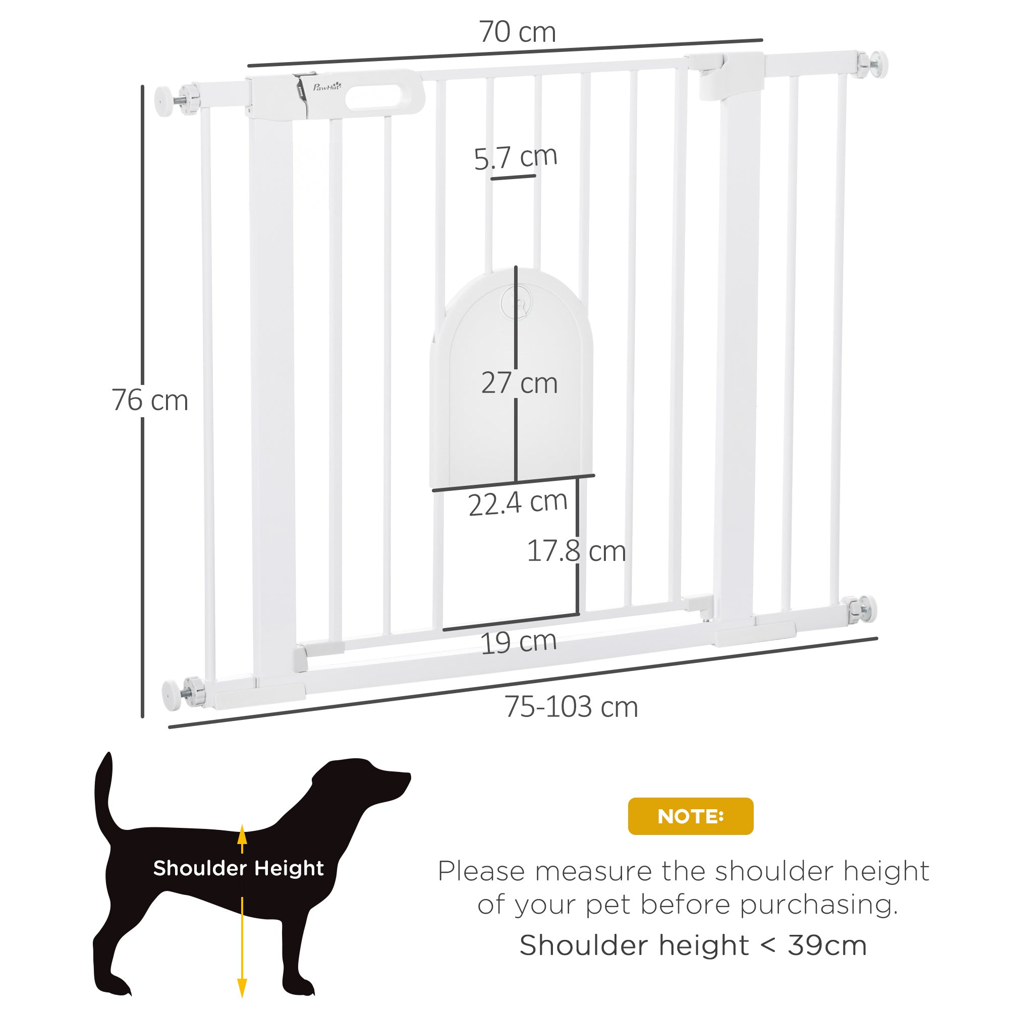 Dog Gate with Cat Flap Pet Safety Gate Barrier, Stair Pressure Fit, Auto Close, Double Locking, for Doorways, Hallways, 75-103 cm White