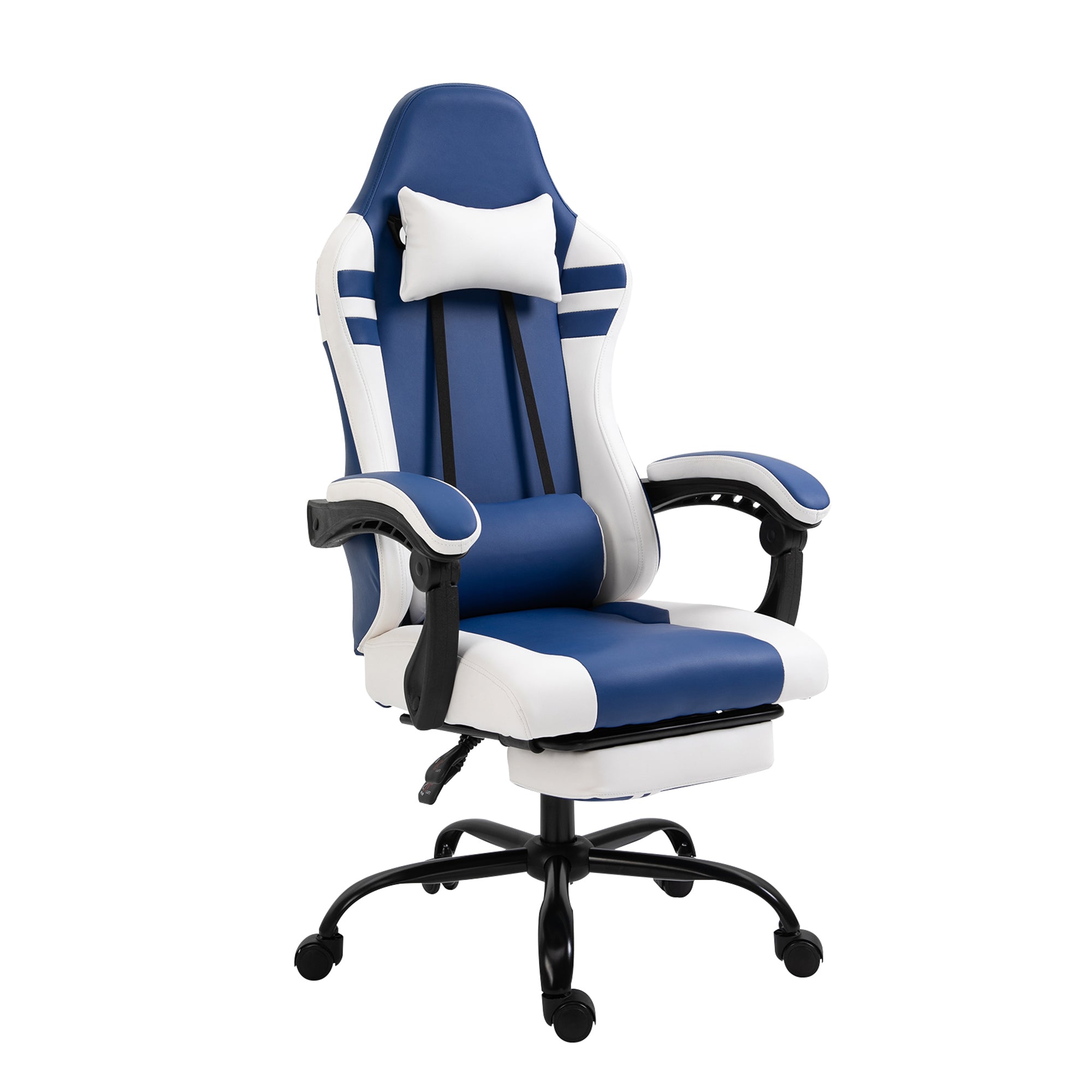 PU Leather Gaming Chair w/ Headrest, Footrest, Wheels, Adjustable Height, Racing Gamer Recliner, Blue White