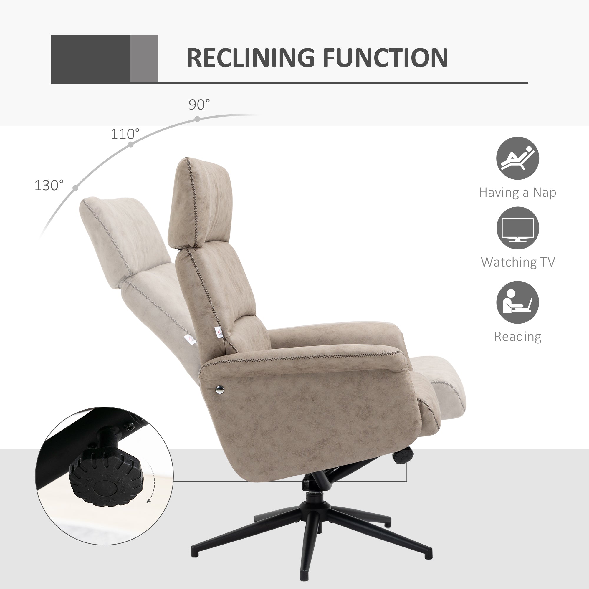 Swivel Recliner Chair and Footstool, Upholstered Reclining Armchair with Ottoman, Adjustable and Removable Headrest, Khaki