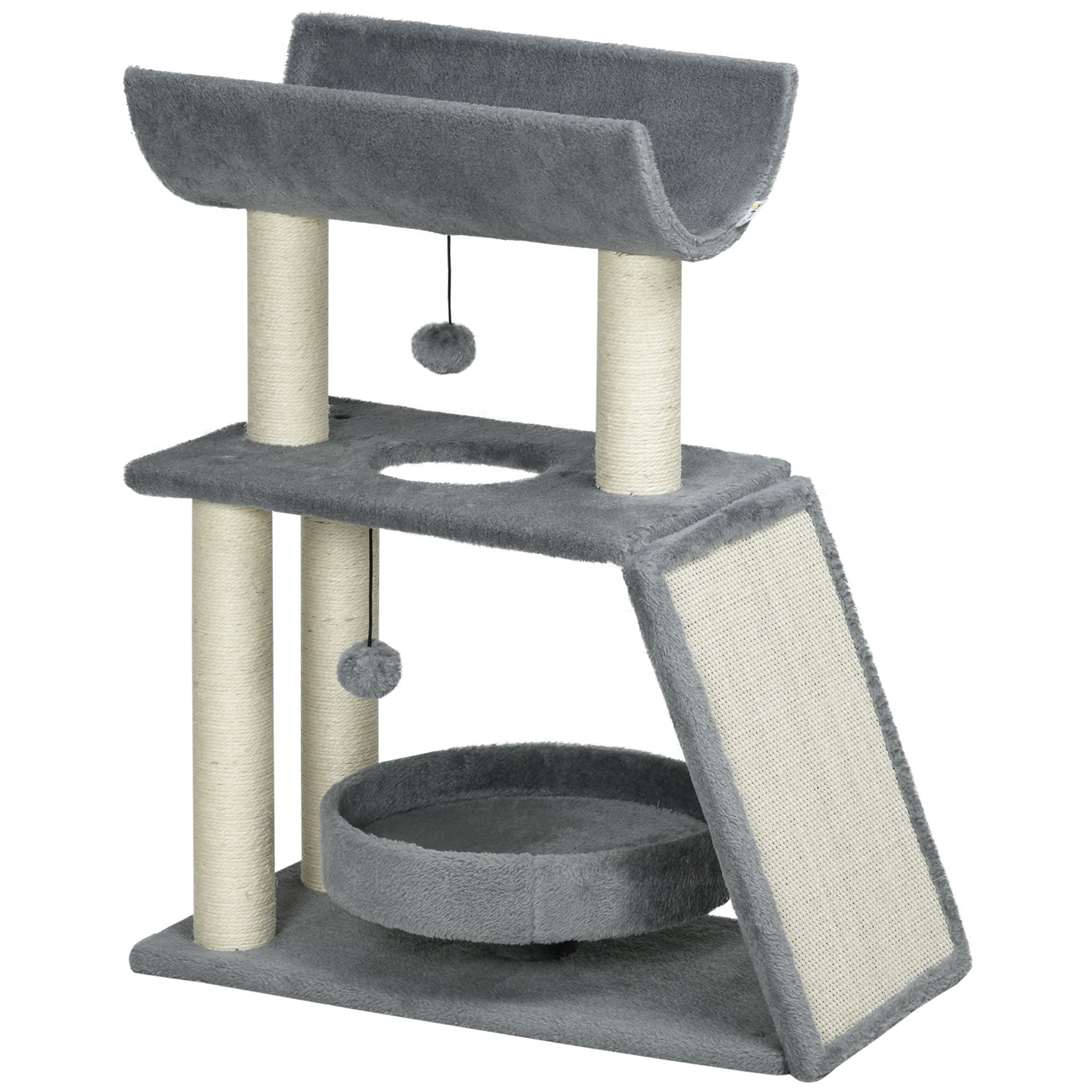 Cat Tree Tower, with Scratching Posts, Pad, Bed, Perch, Toy Ball, Light Grey