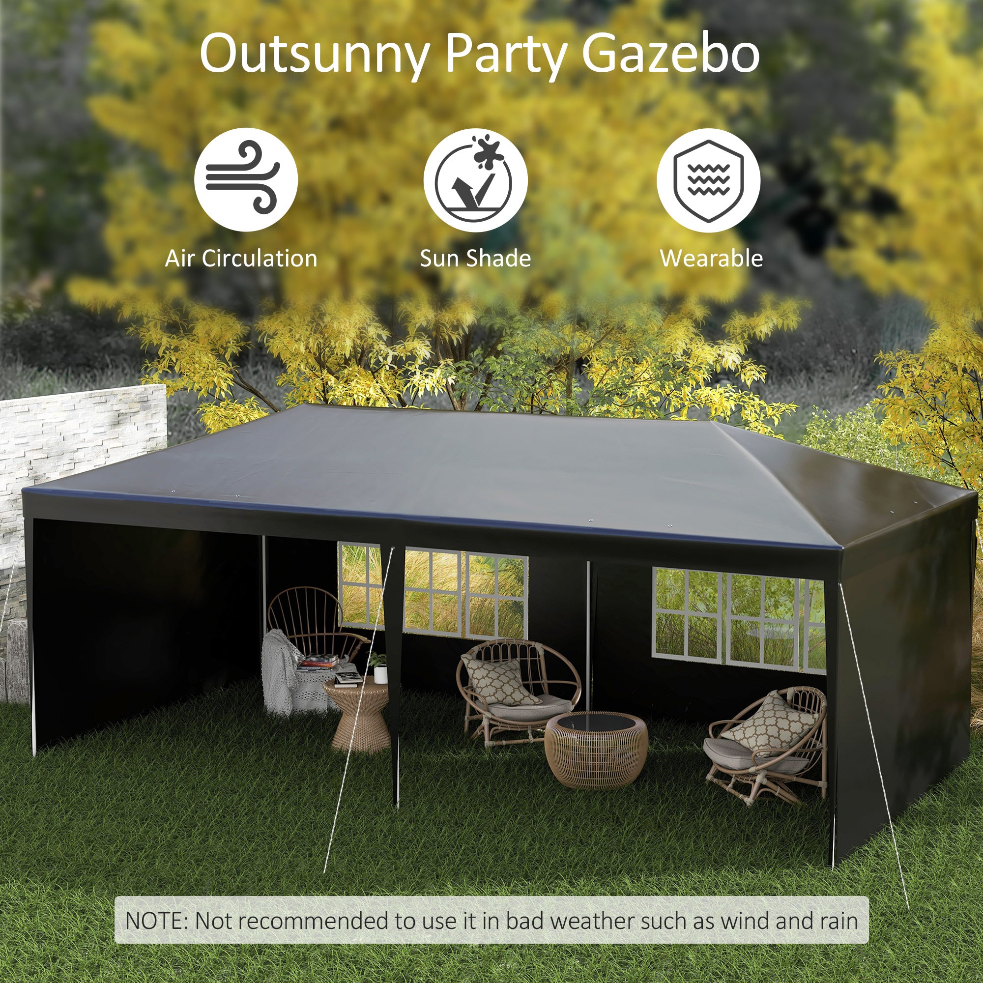 6 x 3 m Party Tent Gazebo Marquee Outdoor Patio Canopy Shelter with Windows and Side Panels, Black