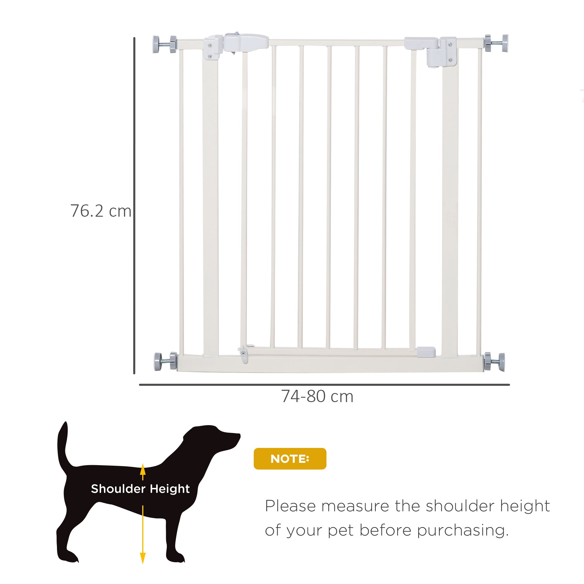 Pet Metal Safety Gate Pressure Fitted Stair Barrier for Dog Expandable Fence with Auto-Close Door Double Locking System 74cm to 84 cm White