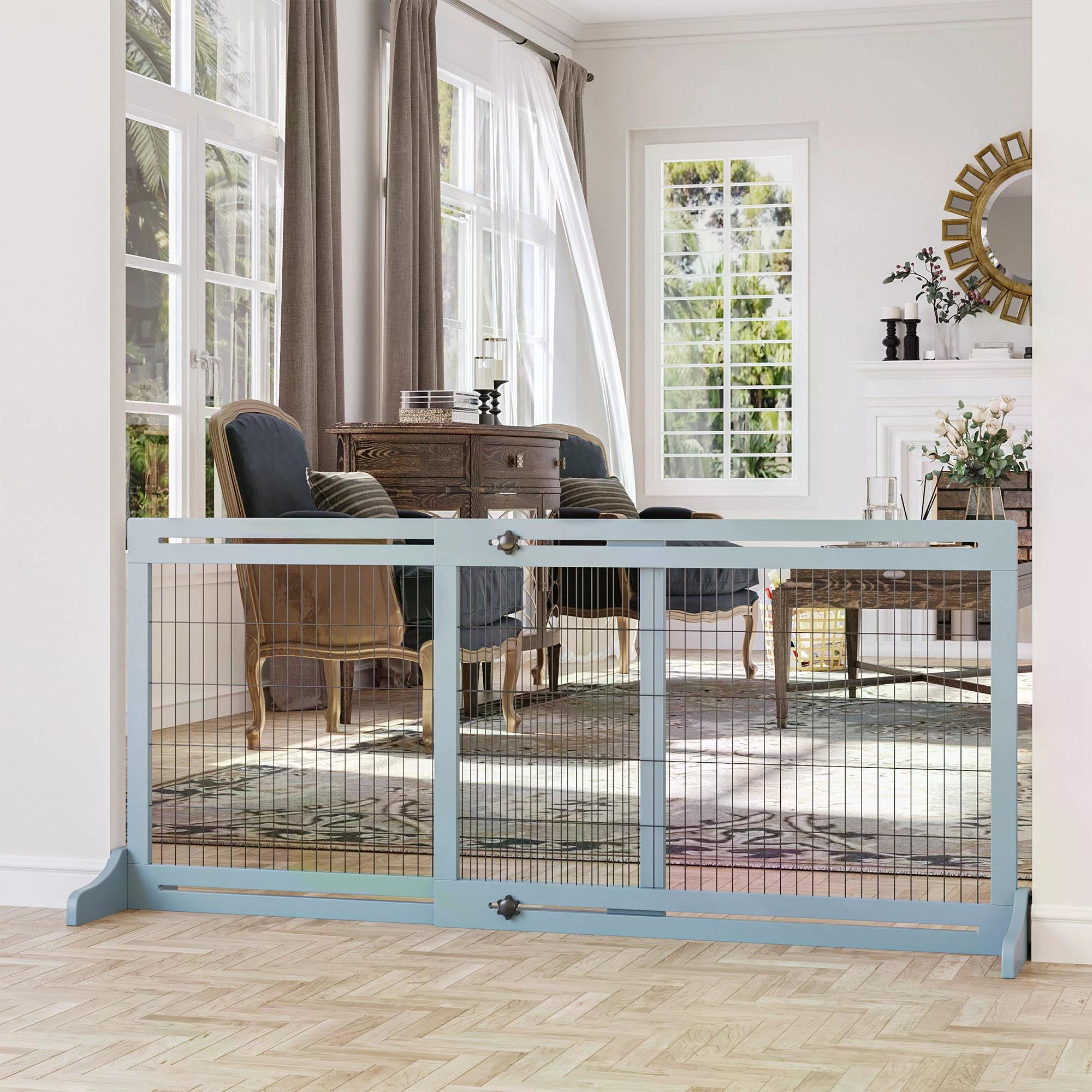 Adjustable Wooden Pet Gate, Freestanding Dog Barrier Fence with 3 Panels for Doorway, Hallway, 69H x 104-183H cm, Blue