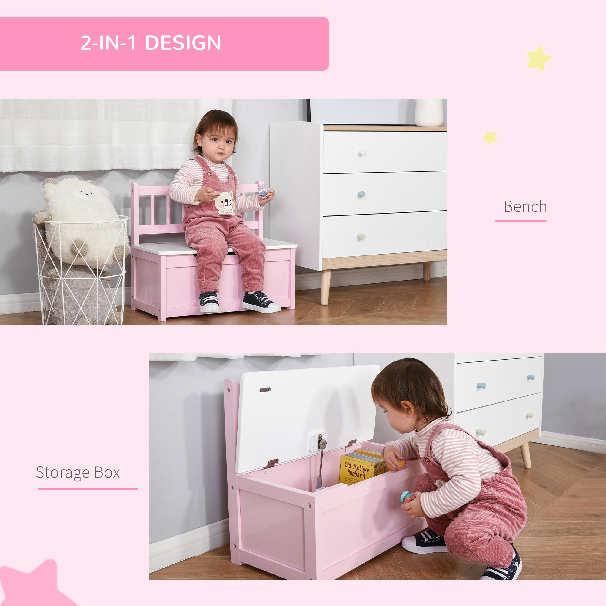 2-IN-1 Wooden Toy Box Kids Seat Bench Storage Chest Cabinet Organizer with Safety Pneumatic Rod 60 x 30 x 50cm Pink