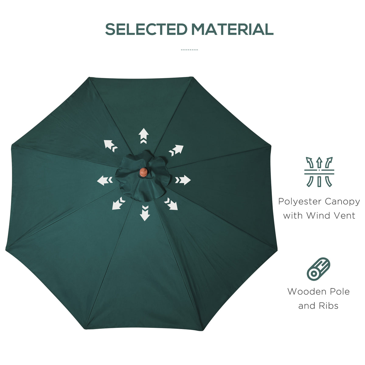 3 Metre Wooden Patio Umbrella with Pulley and Tilt Mechanism - Dark Green