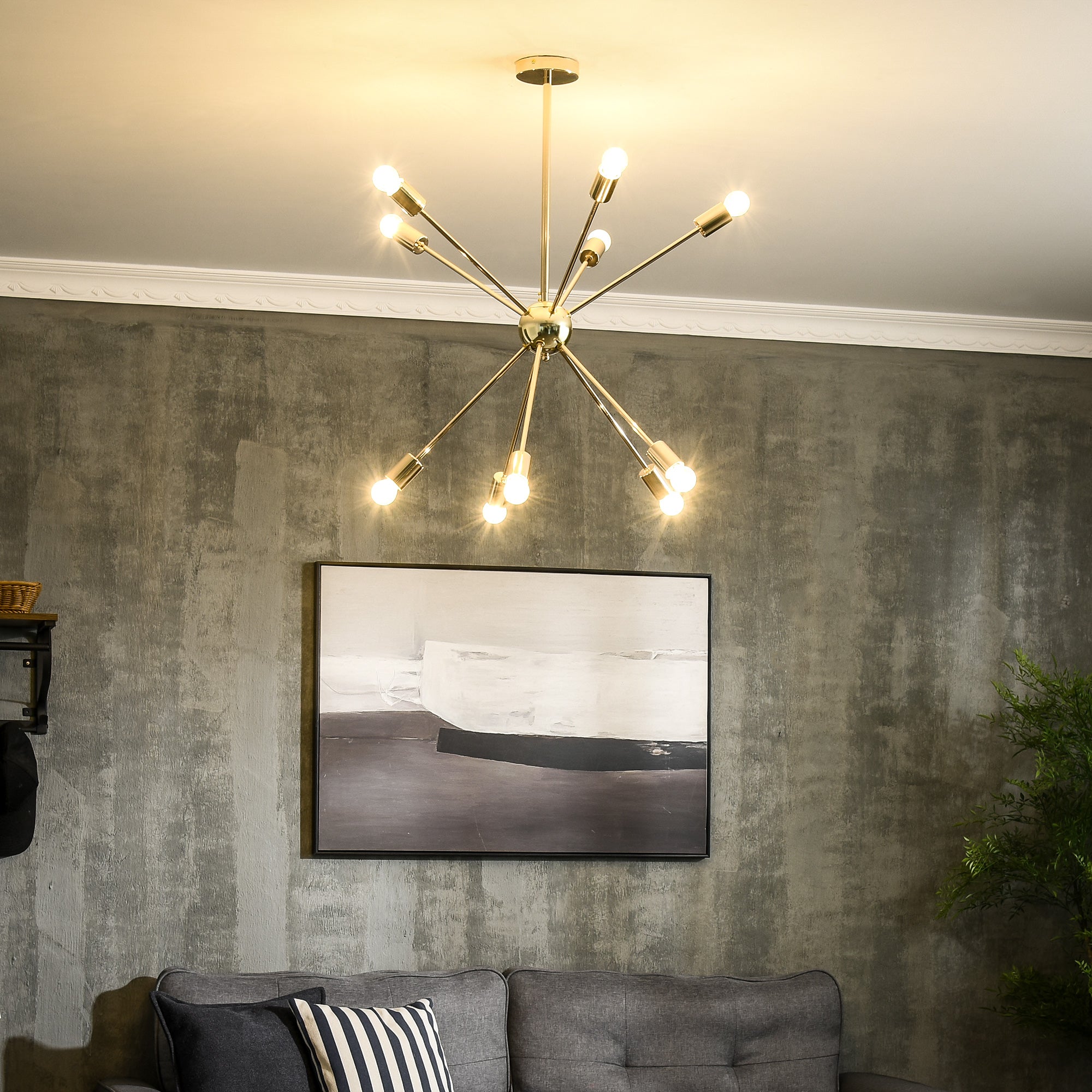 Modern Sputnik Ceiling Lights, 10-Light Chandelier for Bedroom Living Room with E27 Base, 65x65x78.5cm, Gold Tone