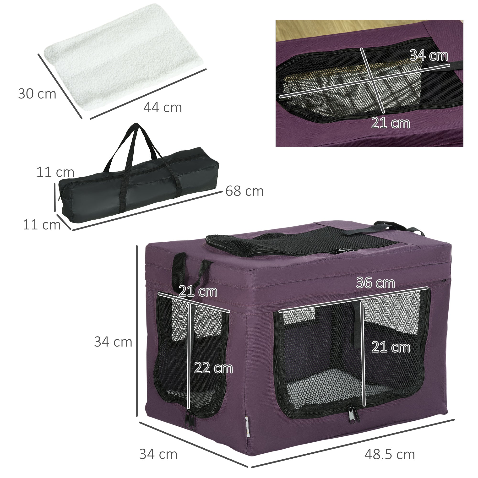 49cm Pet Carrier Portable Cat Carrier Foldable Dog Bag Pet Travel Bag w/ Cushion for Miniature Dogs, Purple