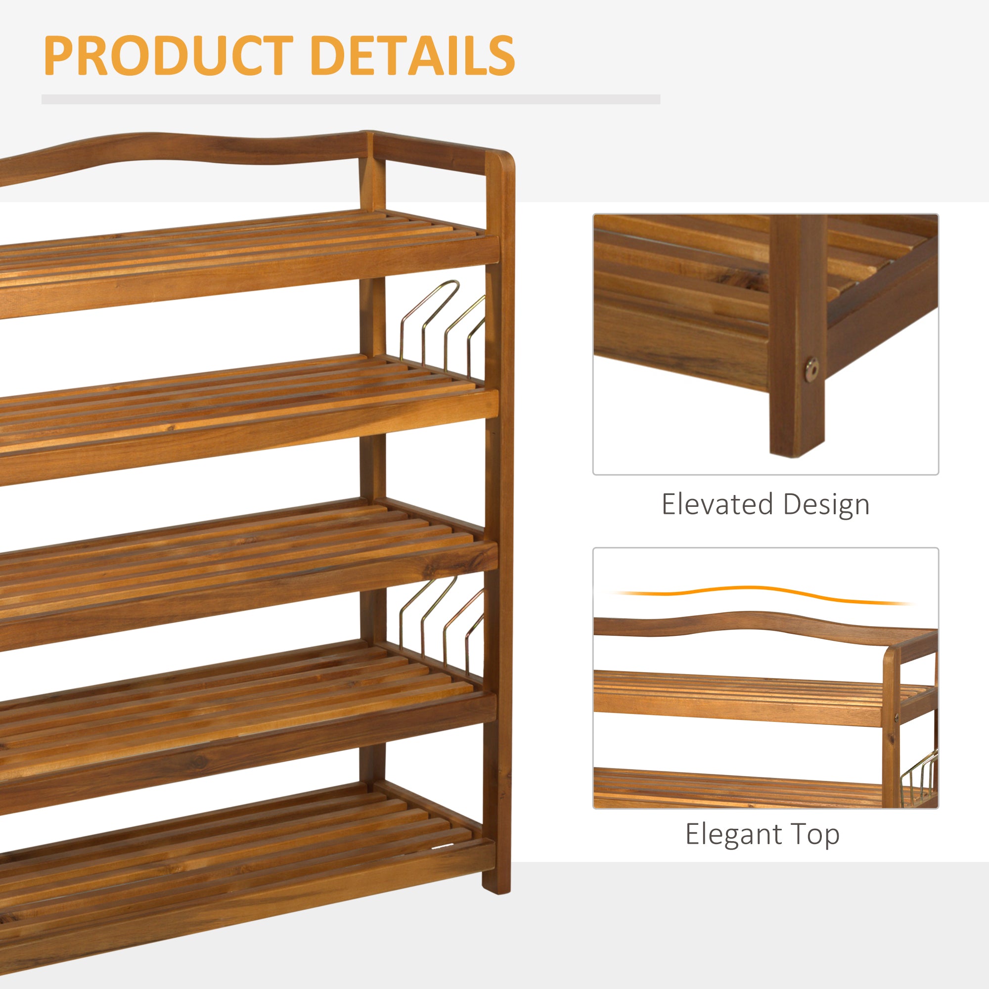 5-Tier Shoe Rack, Acacia Wooden Shoe Storage Organiser with Hangers, Holds up to 24 Pairs, for Entryway, Living Room, 64 x 26 x 82 cm, Teak