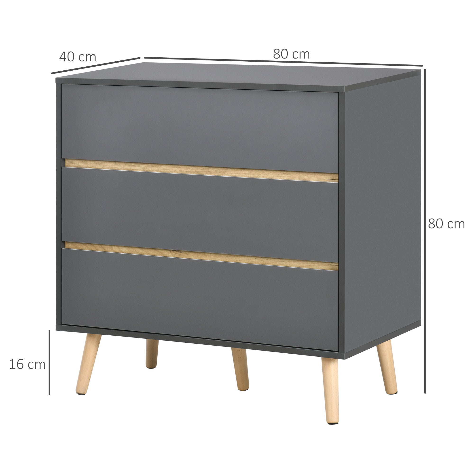 Drawer Chest, 3-Drawer Storage Organiser for Bedroom, Living Room, 80cmx40cmx80cm, Dark Grey