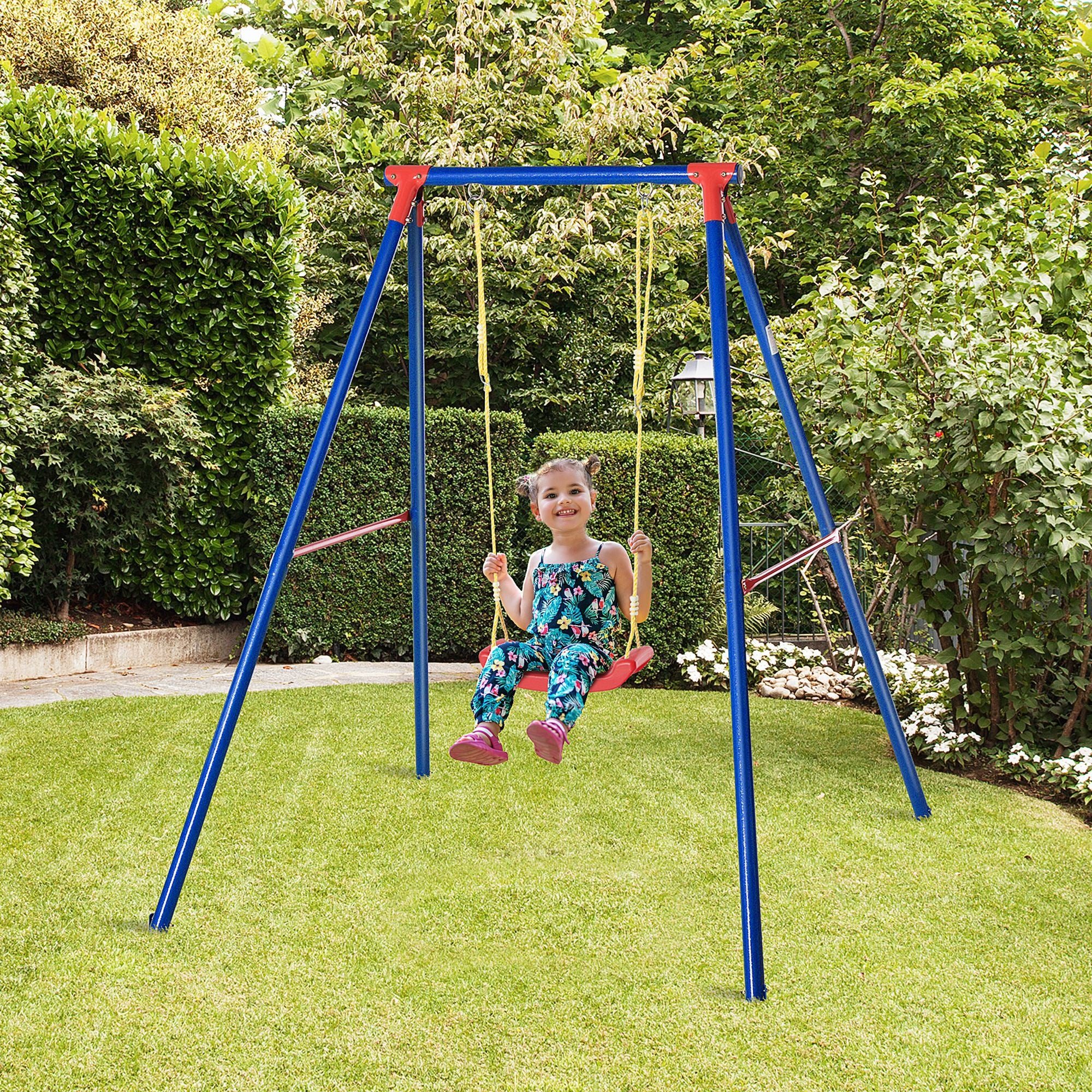 Metal Swing Set with Seat Adjustable Rope Heavy Duty A-Frame Stand Backyard Outdoor Playset for Kids Fun 6-12 Years Old Blue