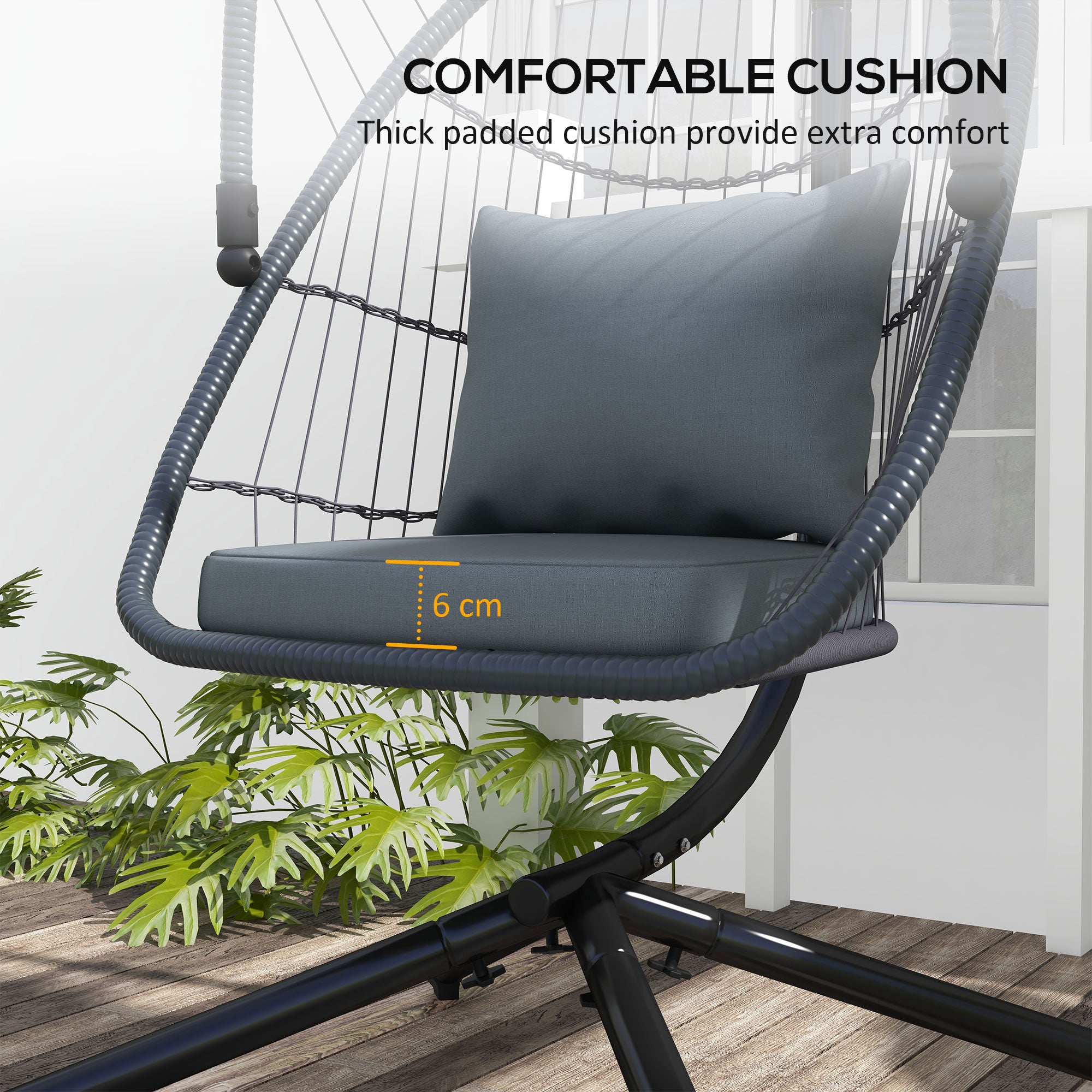 Outdoor PE Rattan Swing Chair with Cushion, Foldable Basket Patio Hanging Chair with Metal Stand, 360° Rotation Spring Hook, Basket Height Adjust with Metal Chain, Grey