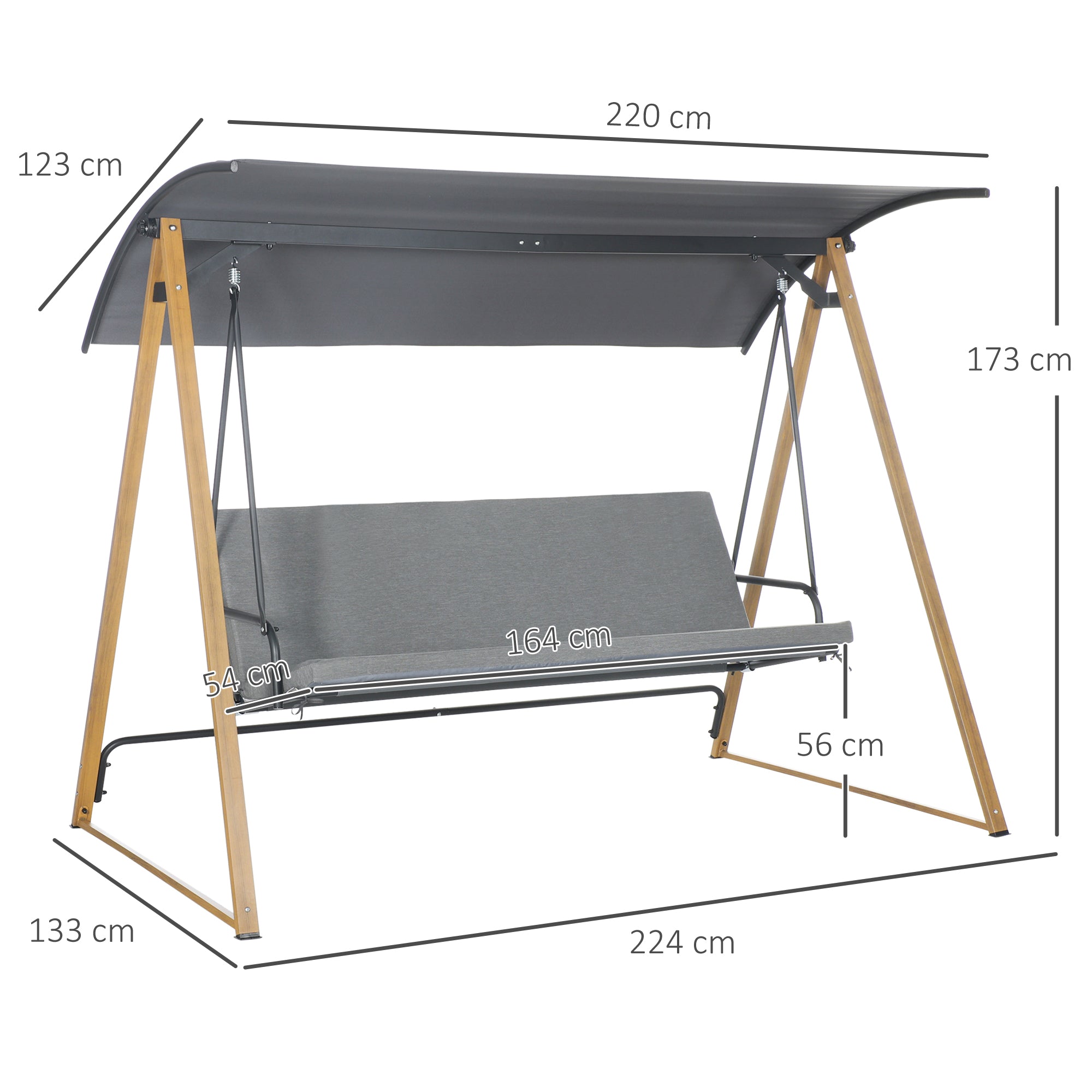 3 Seater Garden Swing Chair Bench with Adjustable Canopy, Cushioned Seat and Weather Resistant Steel Frame for Patio, Yard