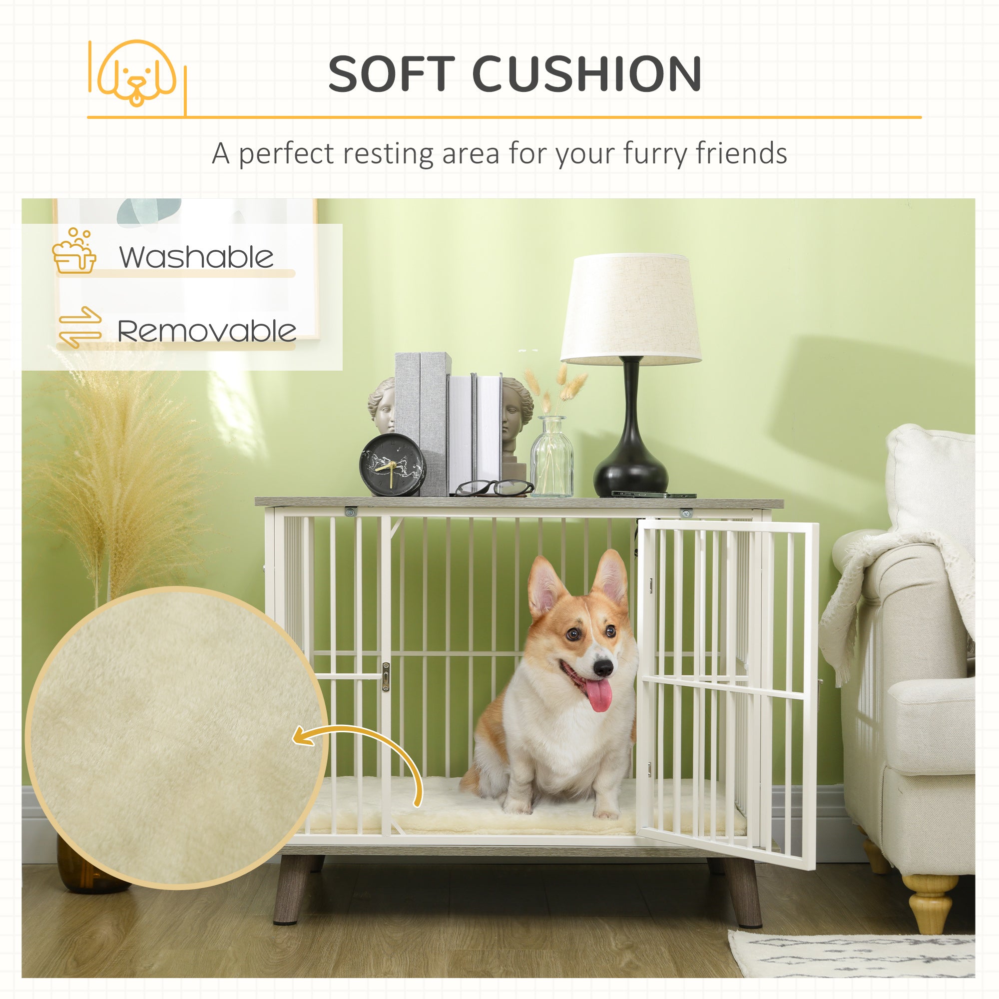 Dog Crate Furniture, Indoor Pet Kennel Cage, Top End Table w/ Soft Cushion, Lockable Door, for Small Dogs, 86 x 60 x 70 cm - Grey