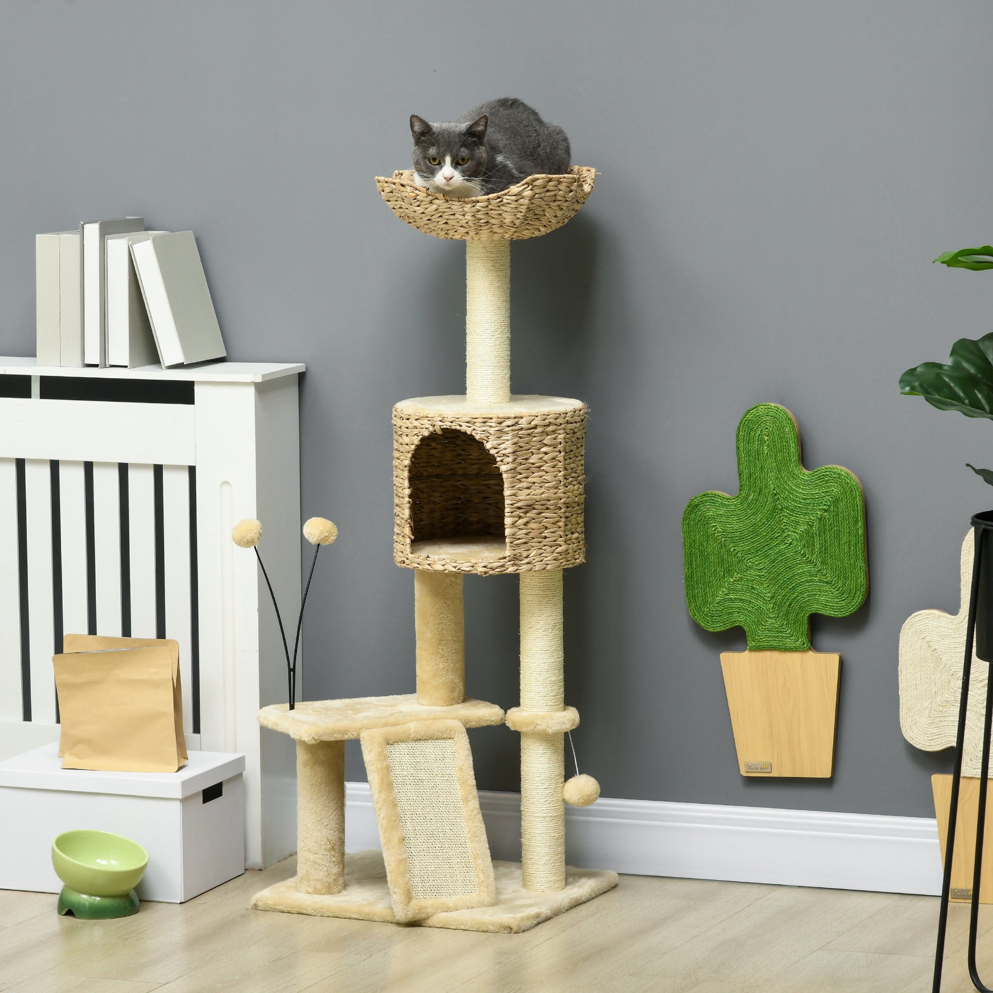 Cat Tree Tower with Scratching Post, Cat House, Bed, Toy Ball, Platform - Beige