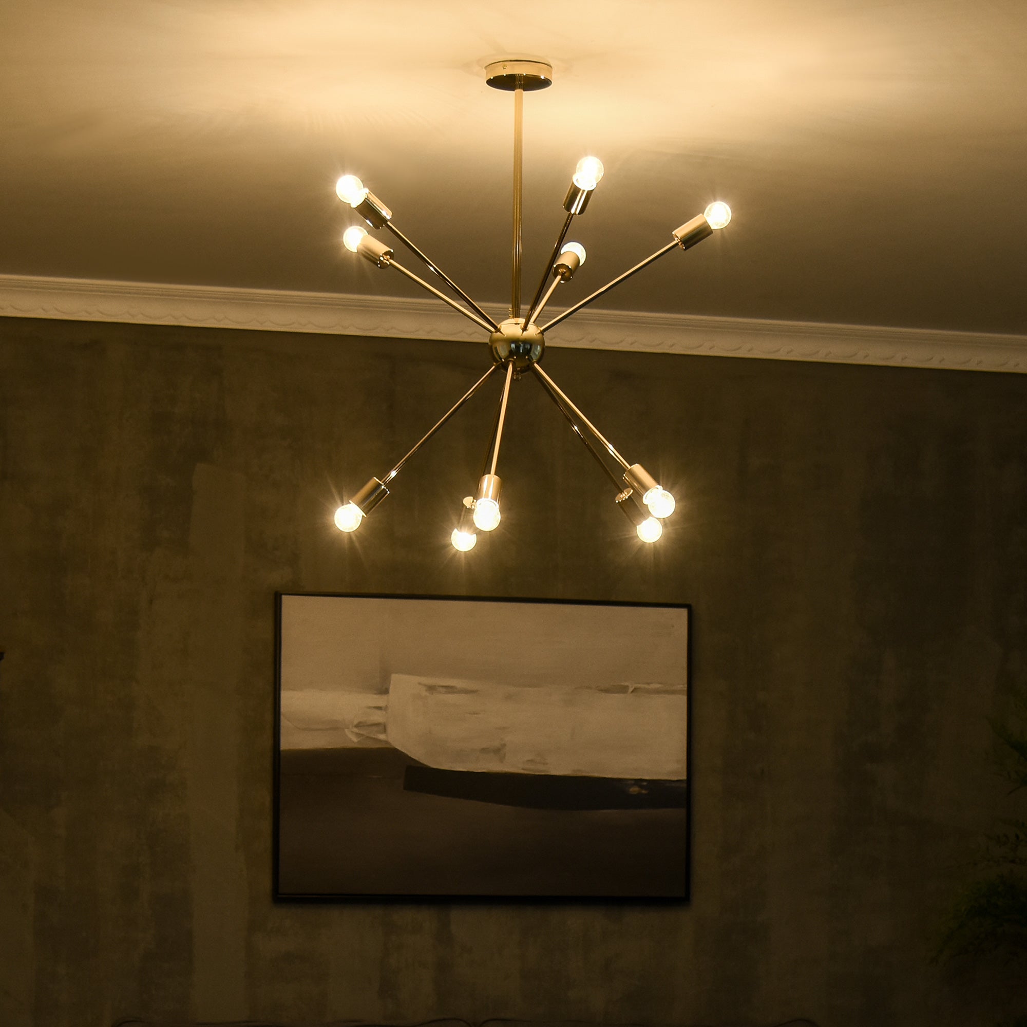 Modern Sputnik Ceiling Lights, 10-Light Chandelier for Bedroom Living Room with E27 Base, 65x65x78.5cm, Gold Tone