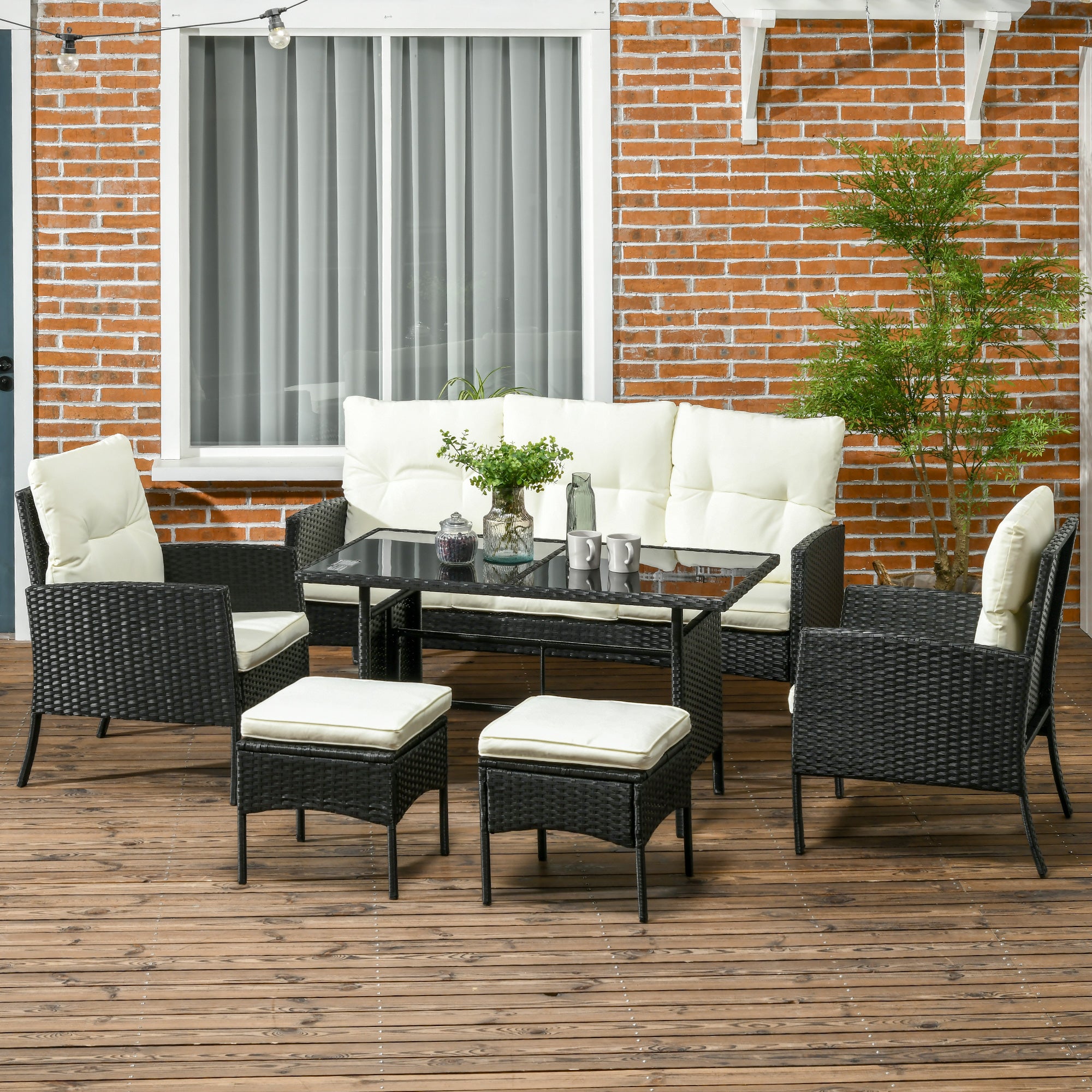 6 Piece Rattan Garden Furniture Set with Cushions and Glass Table - Black