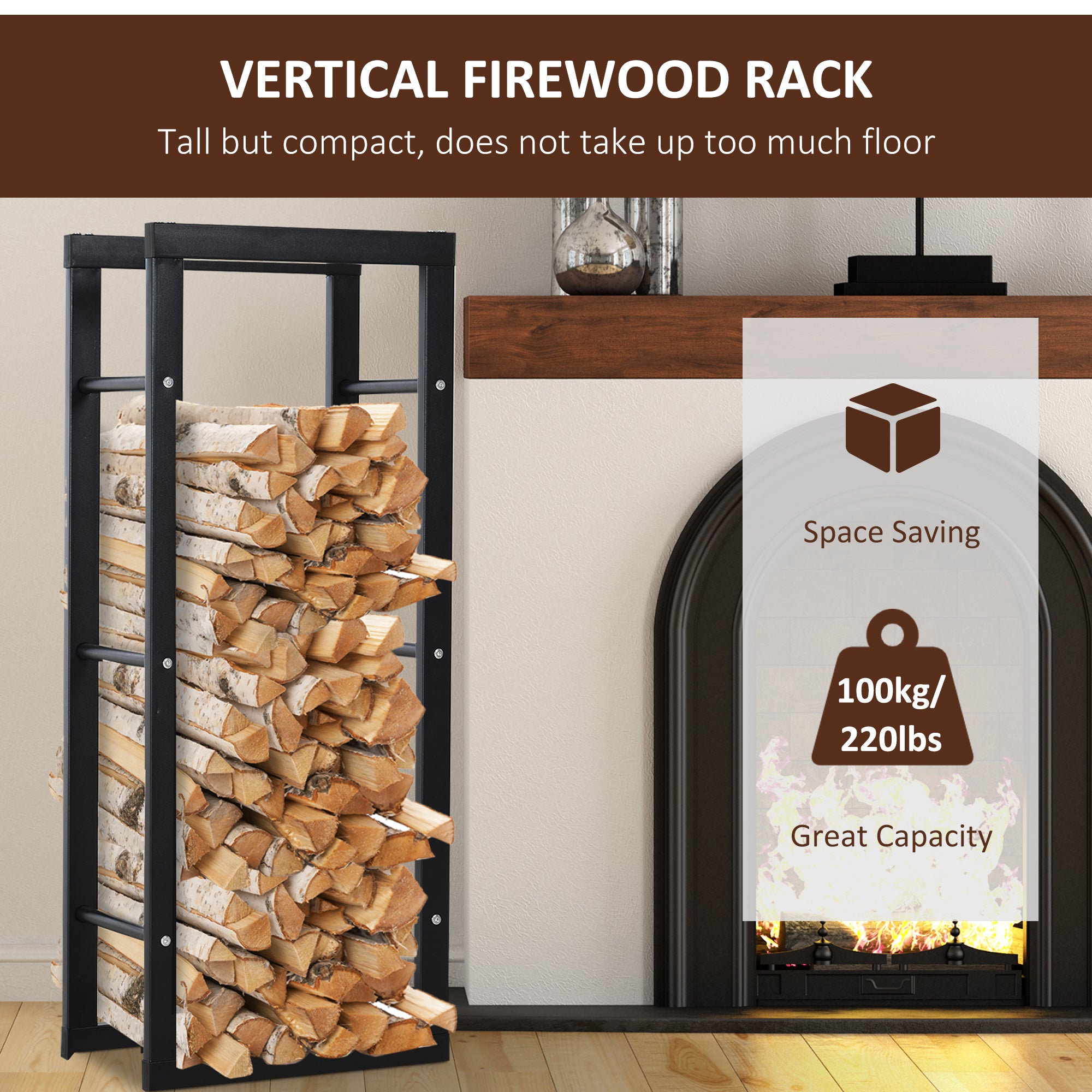 Metal Firewood Log Holder Tall Firewood Rack Indoor Outdoor Fireplace Wood Storage Shelf with Side Rails, Black, 40W x 25D x 100H cm