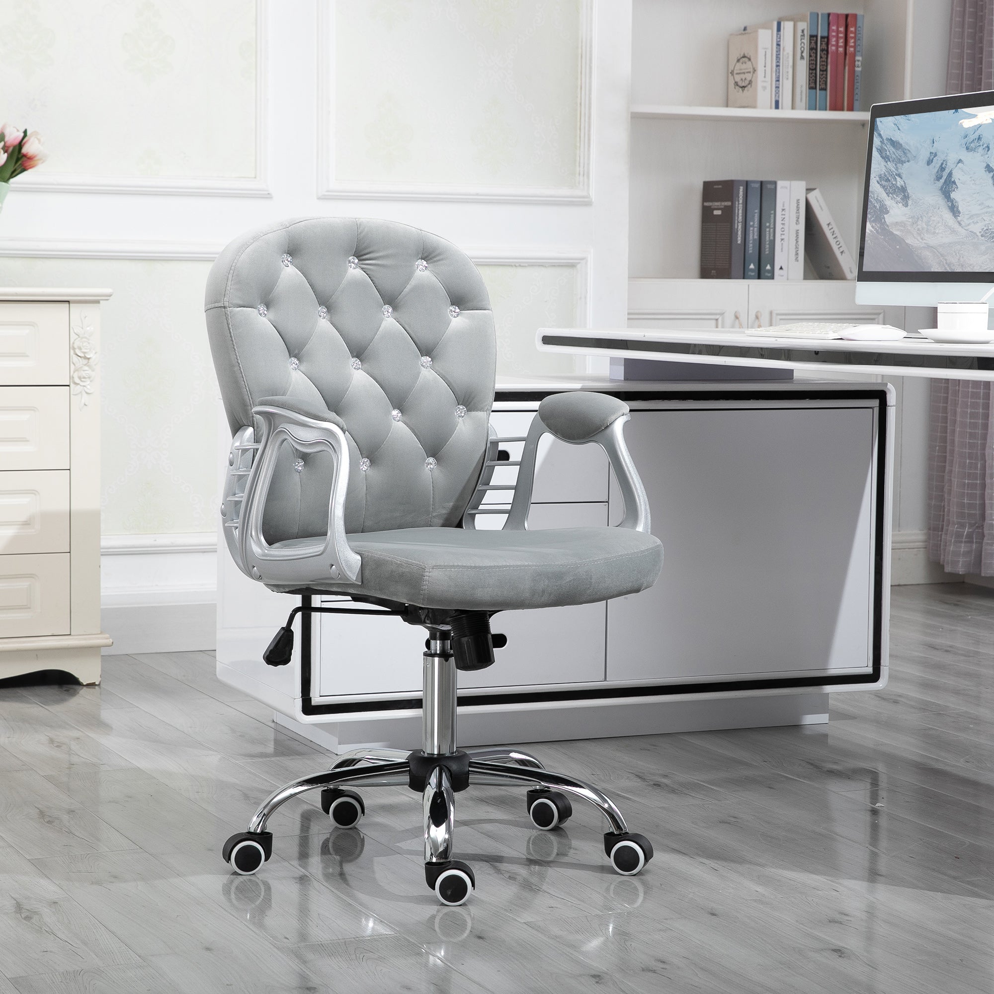 Office Chair Ergonomic 360° Swivel Diamond Tufted Home Work Velour Padded Base 5 Castor Wheels Grey