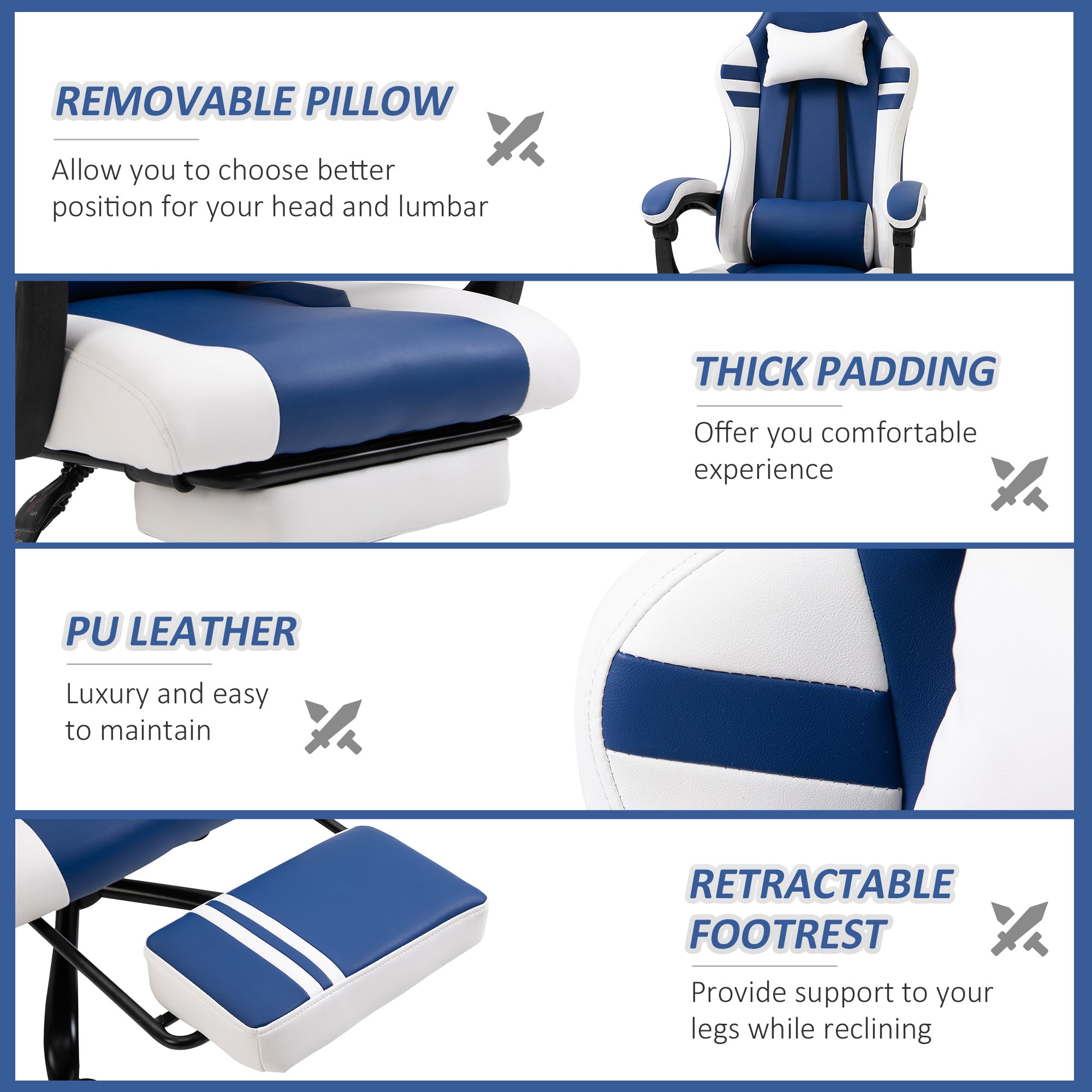 PU Leather Gaming Chair w/ Headrest, Footrest, Wheels, Adjustable Height, Racing Gamer Recliner, Blue White