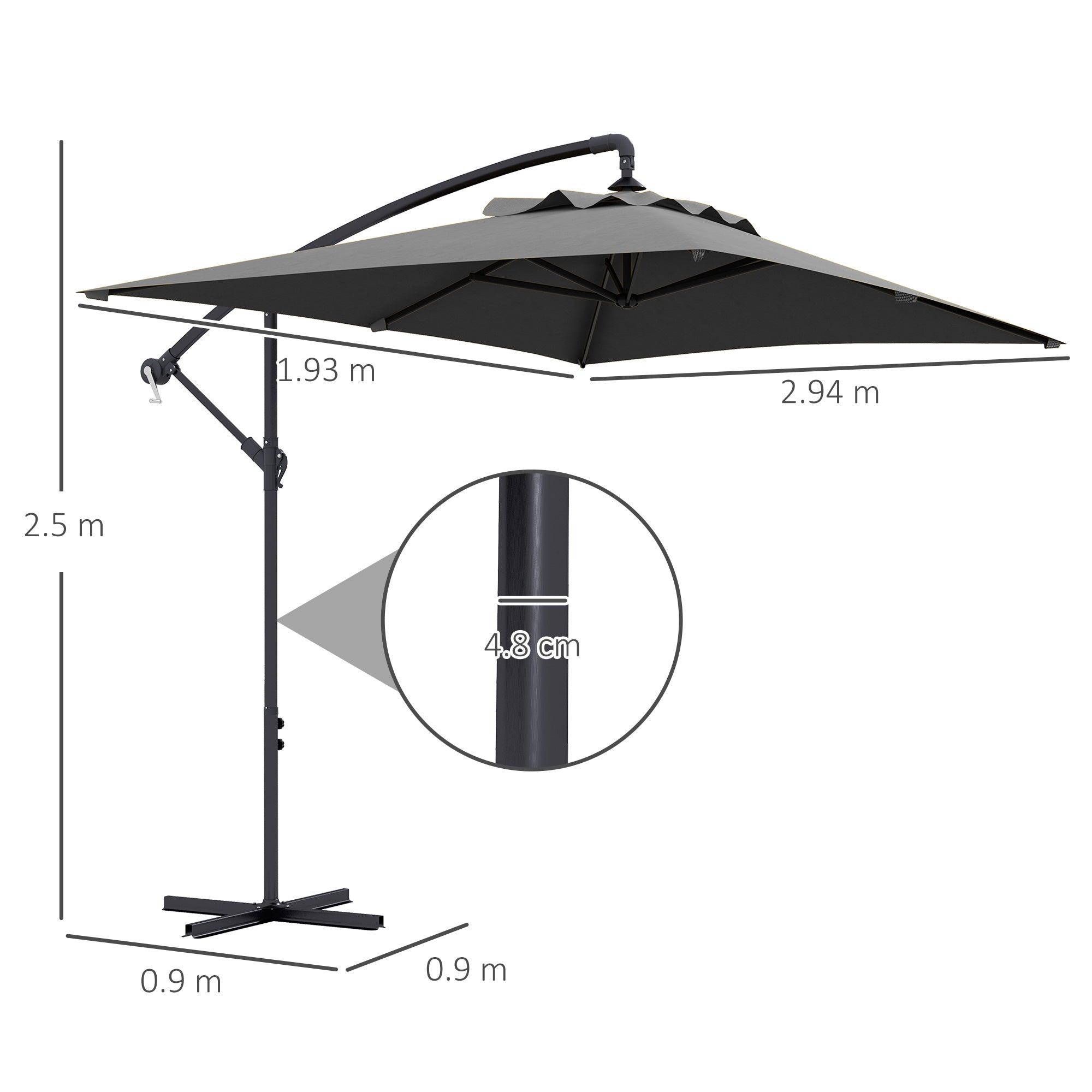 3x2m Rectangular Cantilever Parasol with Crank Handle and Cross Base - Grey